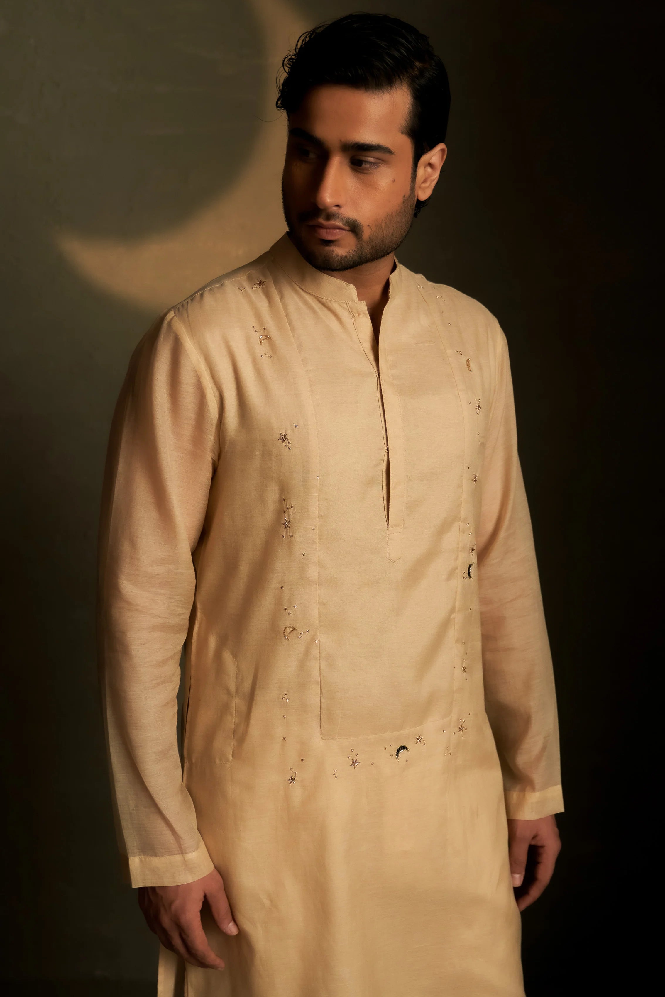 Golden Beige Long Kurta Set with Short Jacket