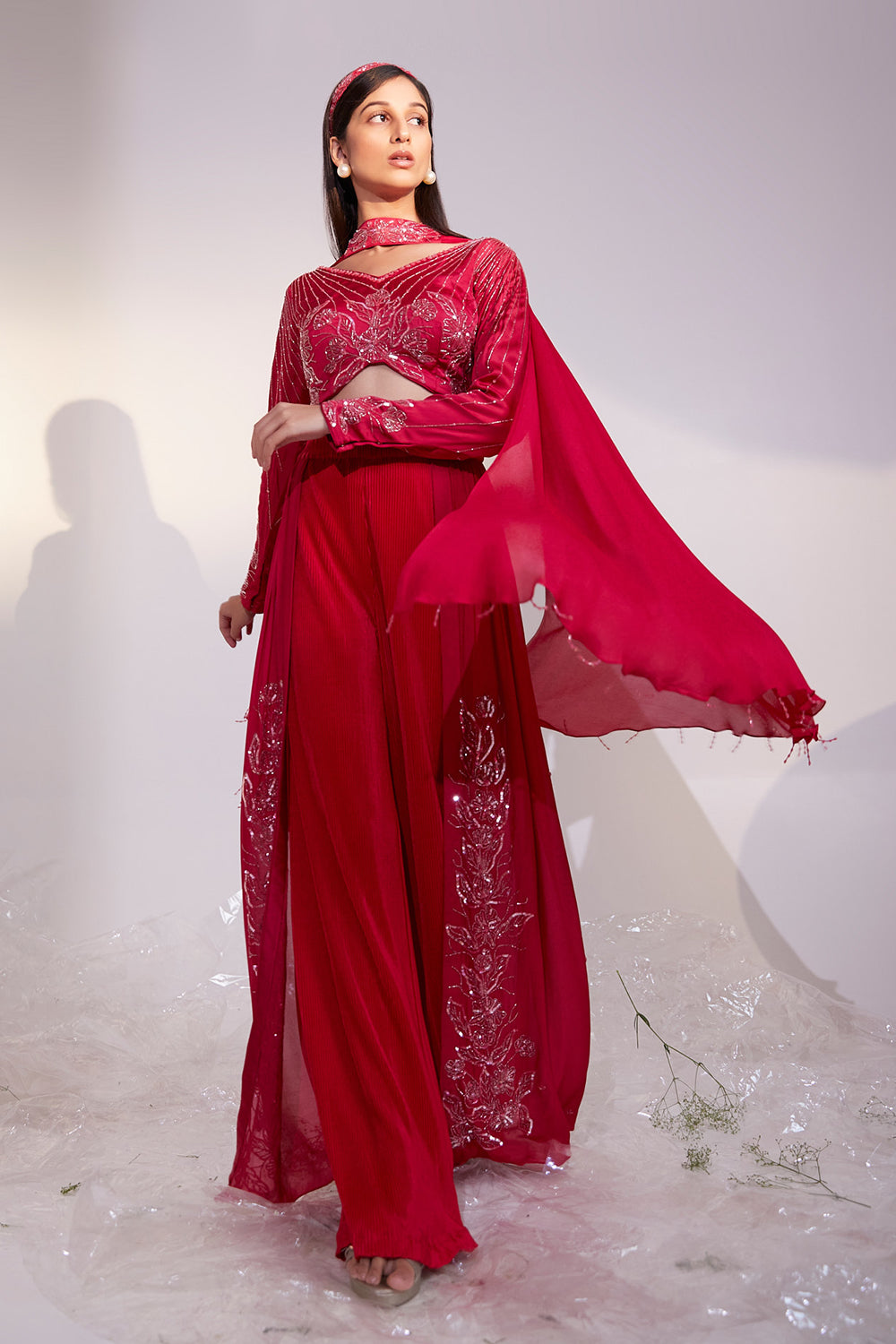 Floral And Geometrical Fusion Set with Embroidered Skirt