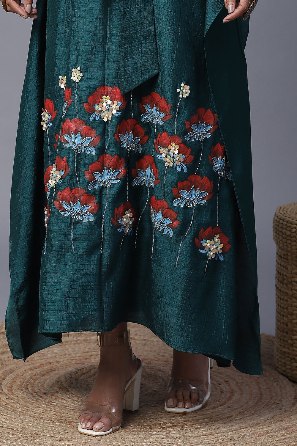 Green Flower Handpainted Kaftan - Auraya Fashion - - #tag1# - #tag2# - #tag3# - #tag3#