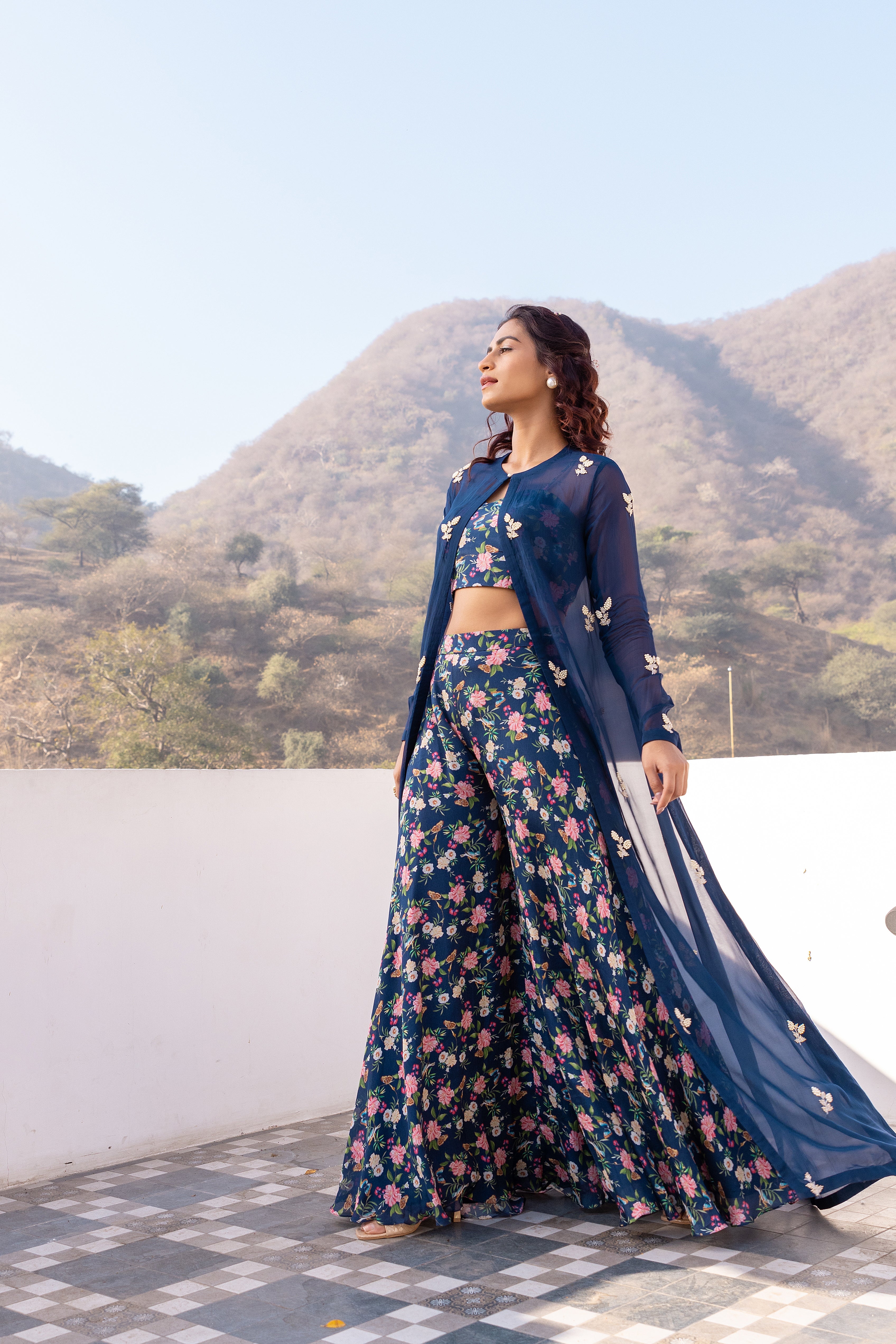 Blue Georgette Crepe Embroidered Jacket Set