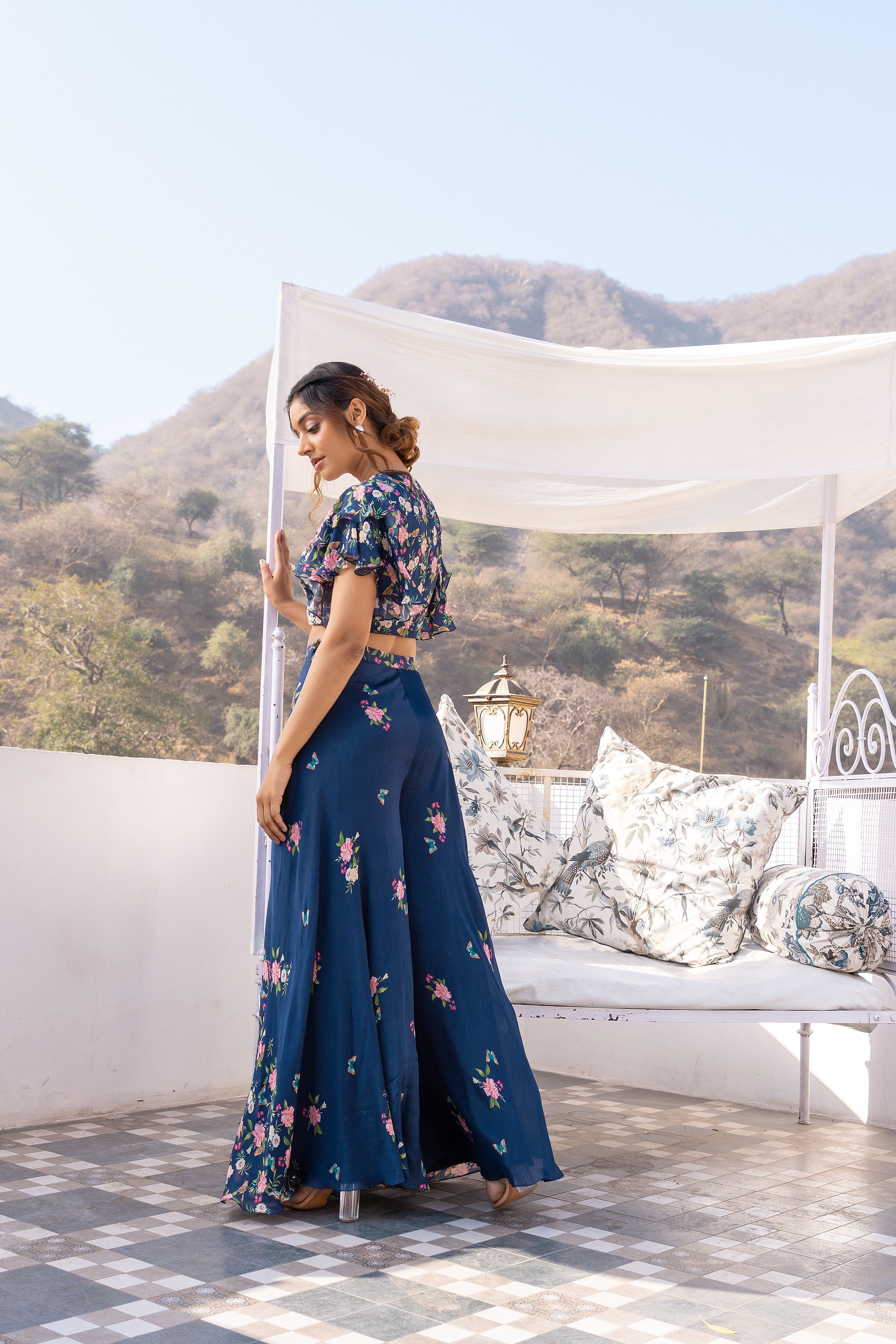 Blue Crepe Georgette Embroidered Pant Set