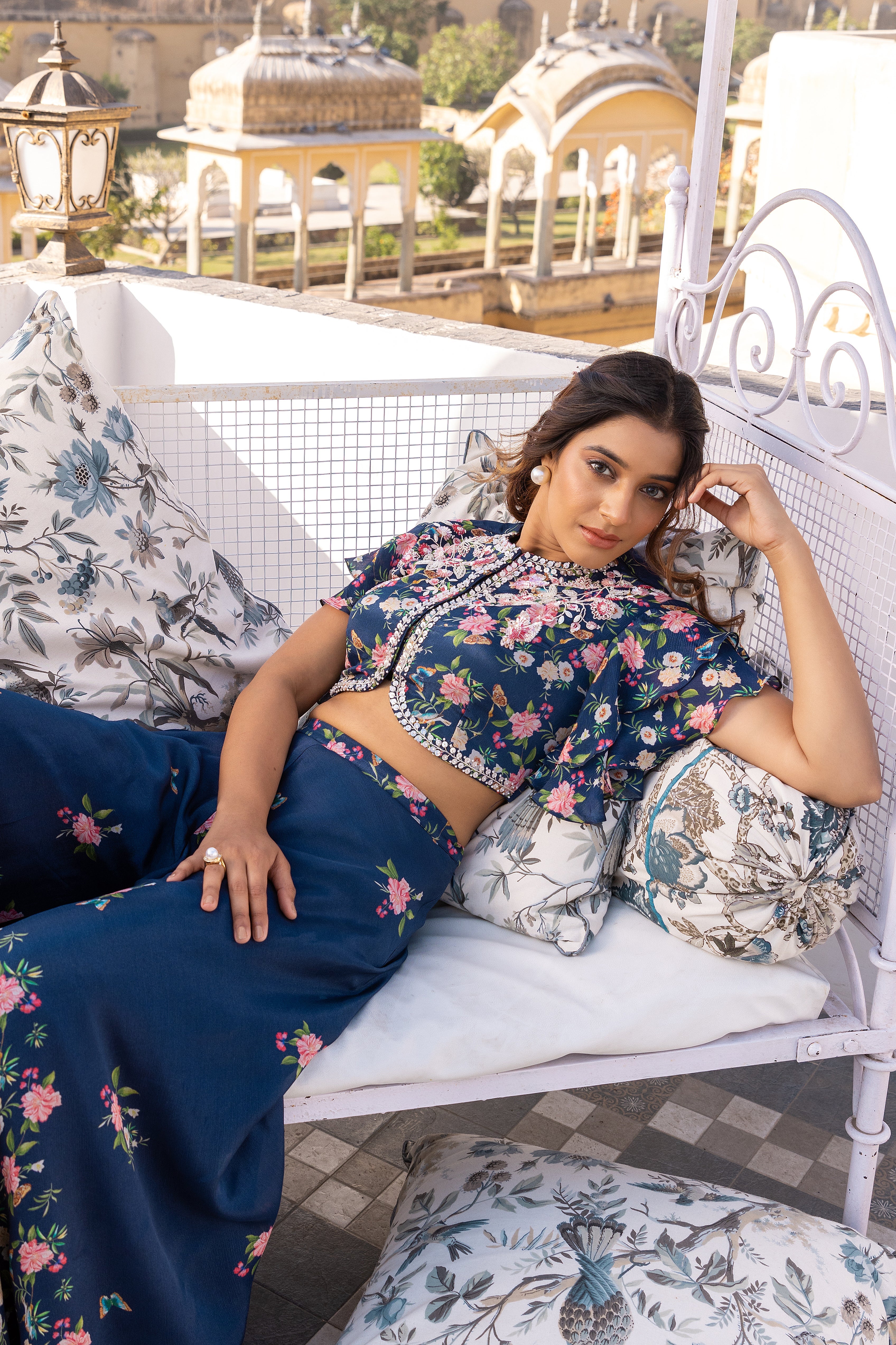 Blue Crepe Georgette Embroidered Pant Set