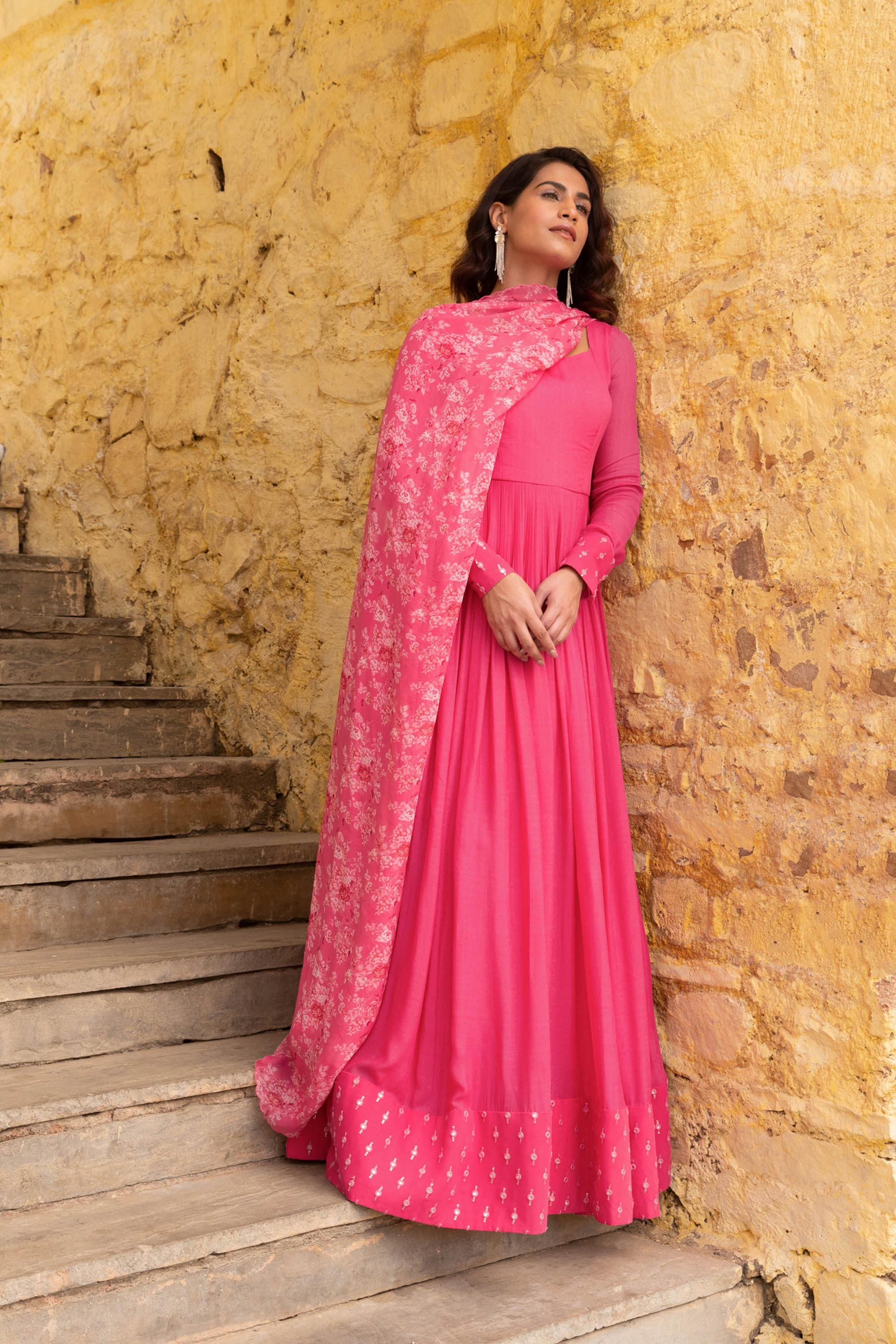 Fuchsia Pink Georgette Embroidered Anarkali Set