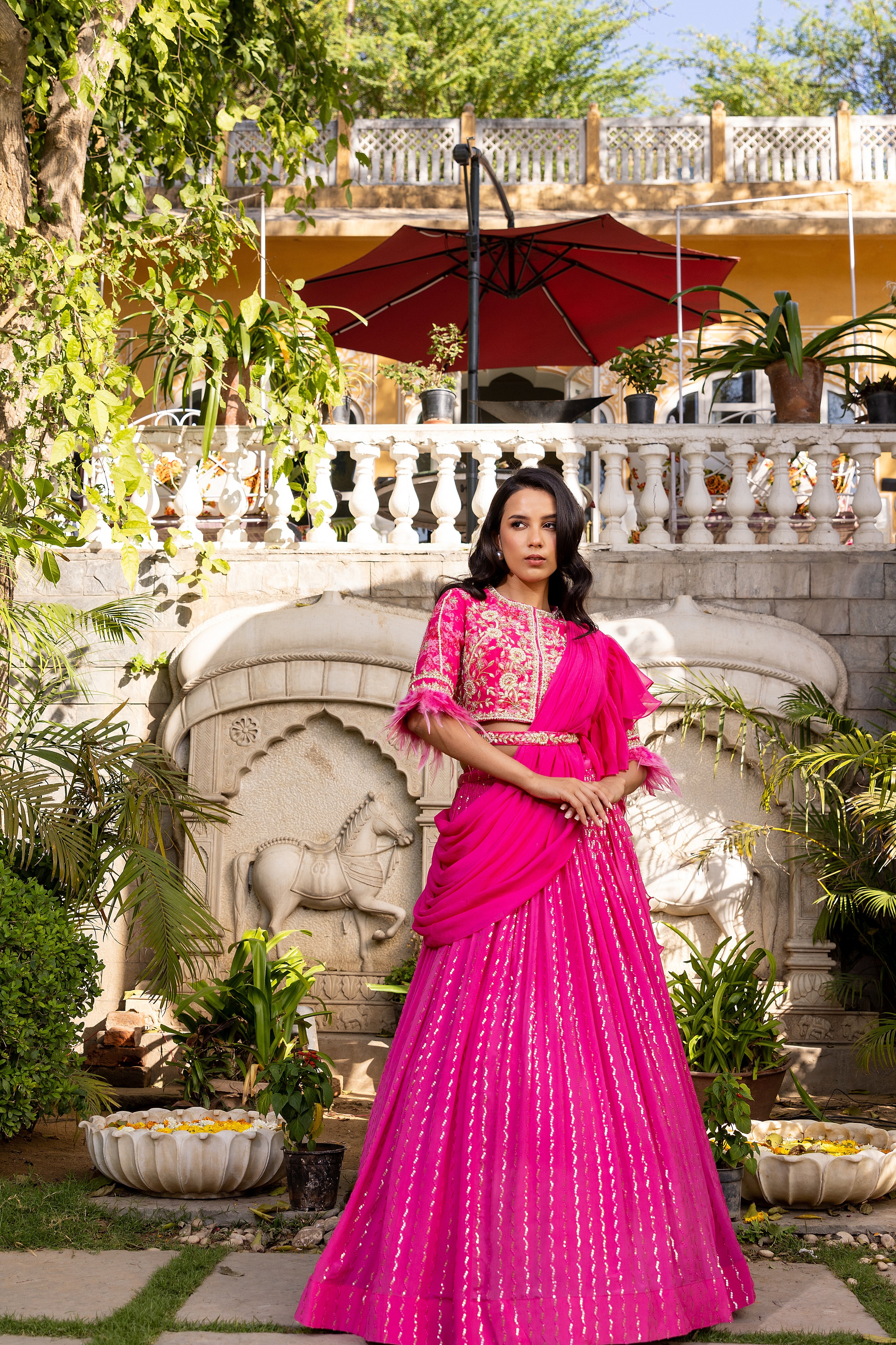 Pink fur pre drape lehenga set