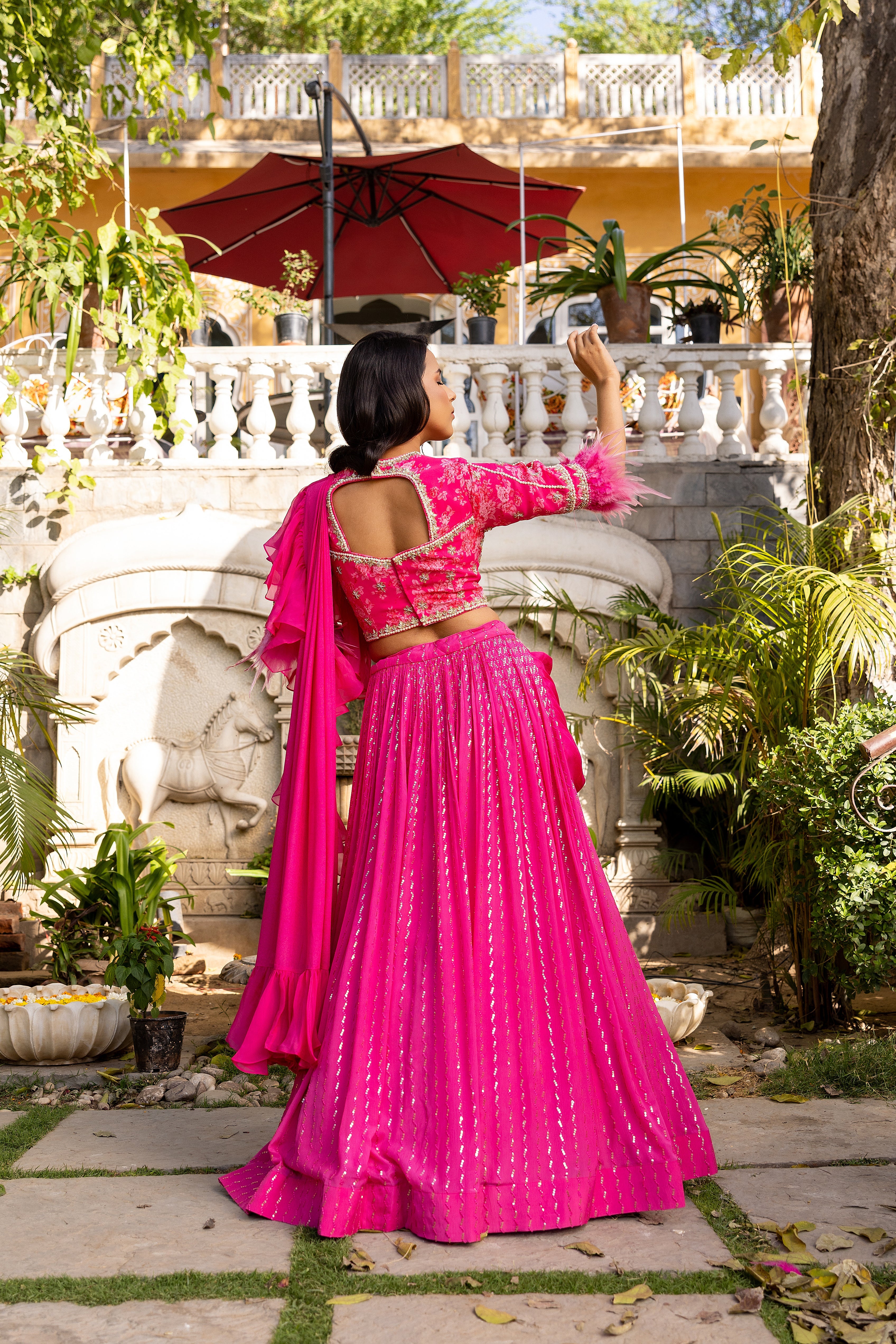 Pink fur pre drape lehenga set