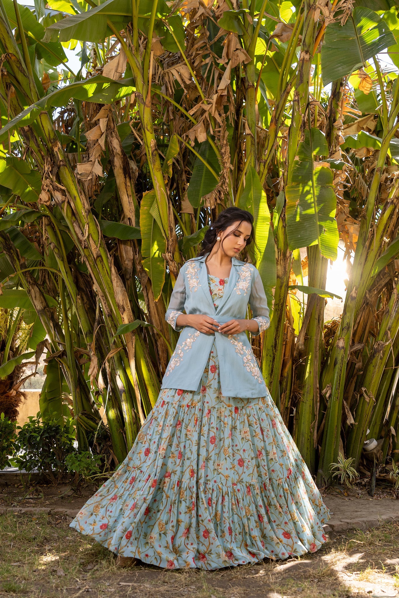 Light blue layer jacket lehenga set