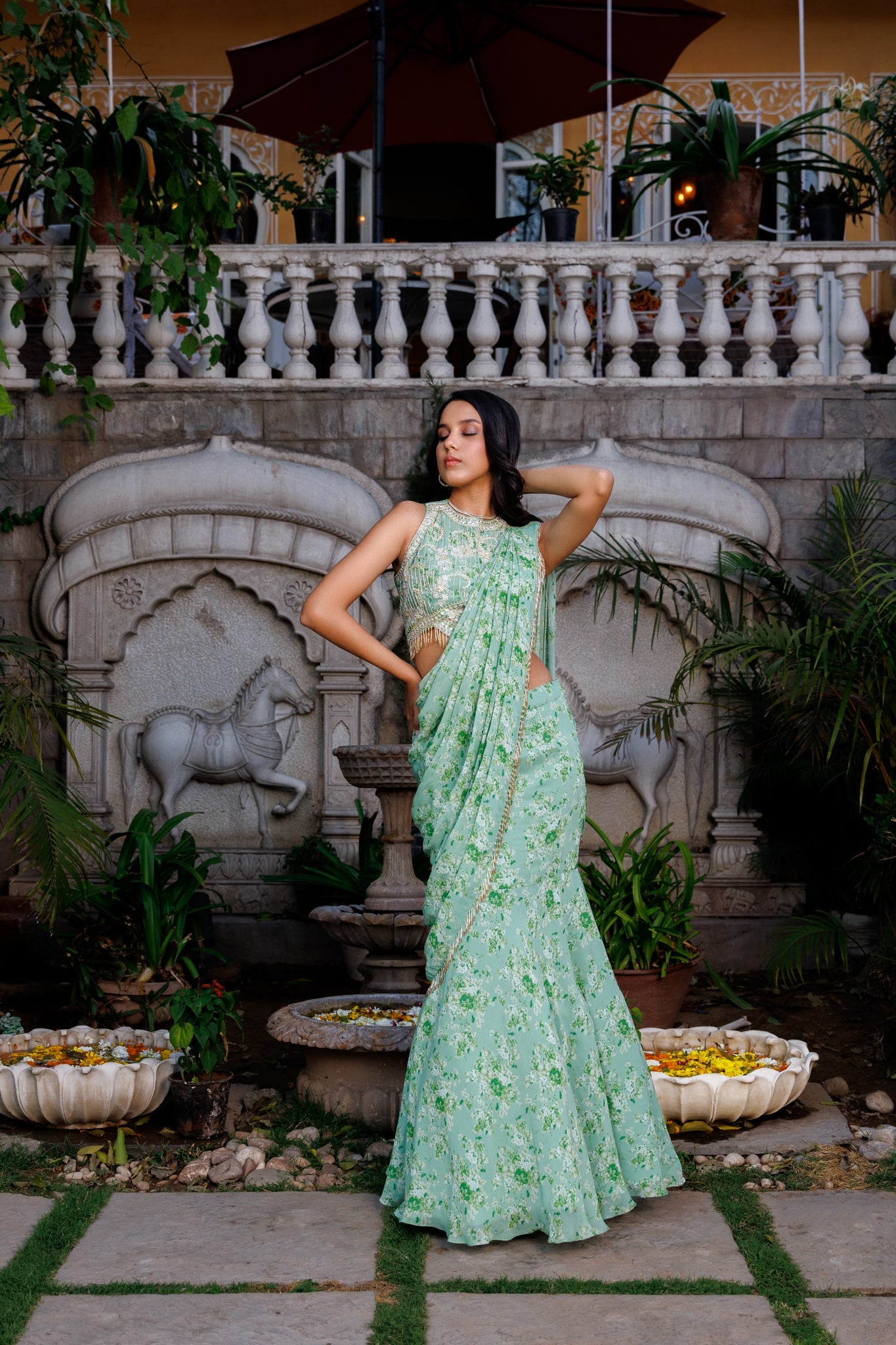 Green fit cut Pre drape saree