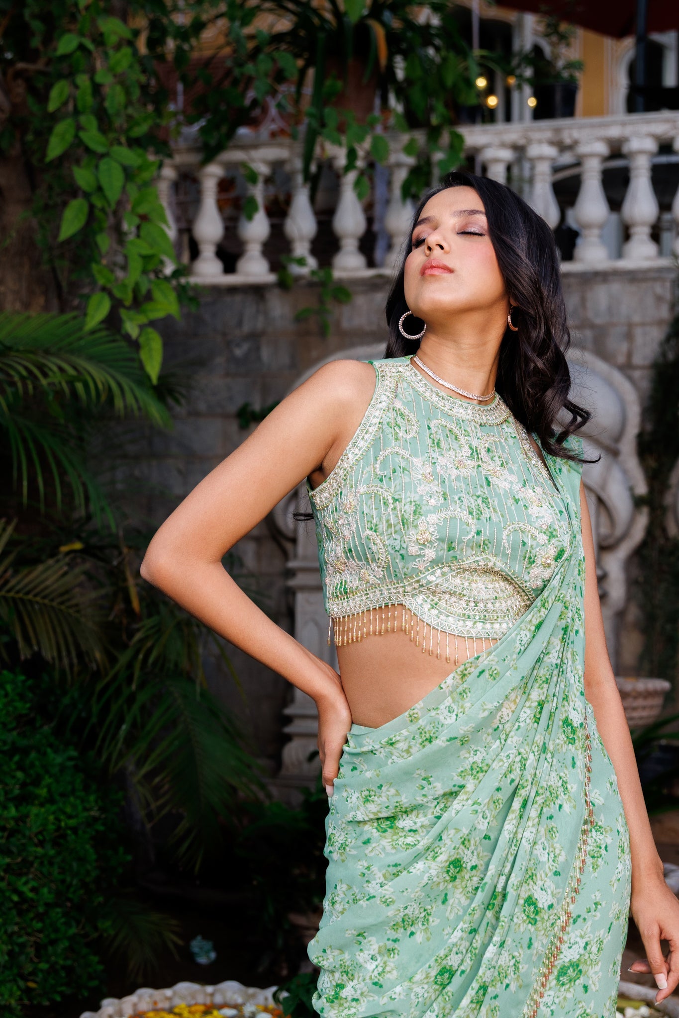 Green fit cut Pre drape saree