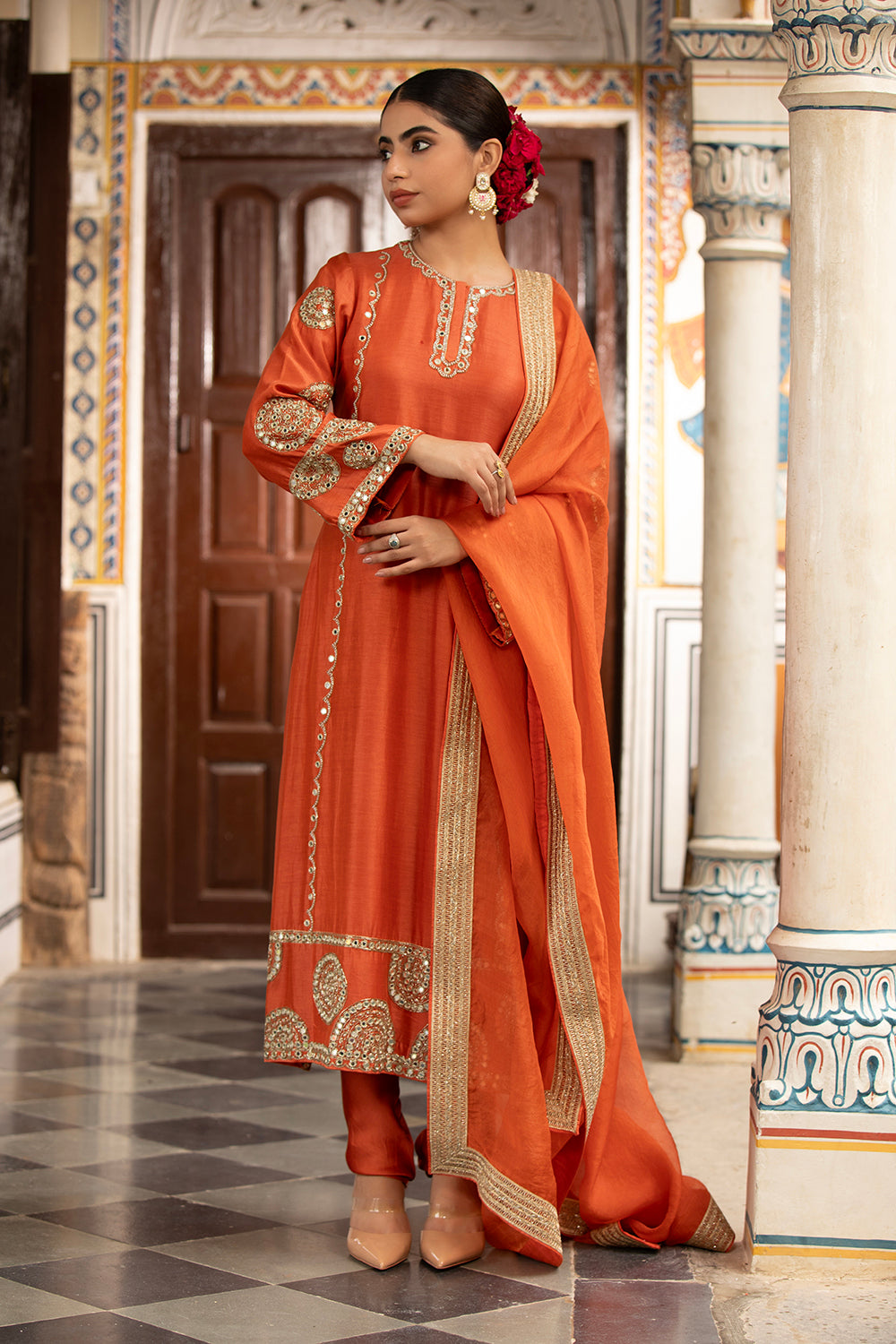 Rust Kurta Set With Churidar And Dupatta