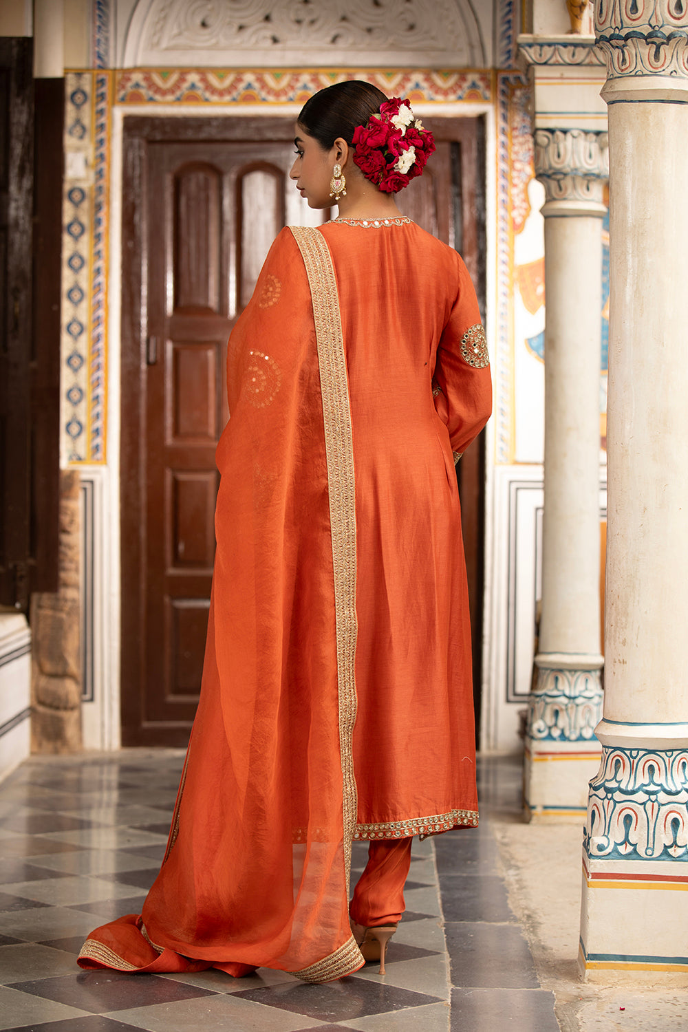 Rust Kurta Set With Churidar And Dupatta
