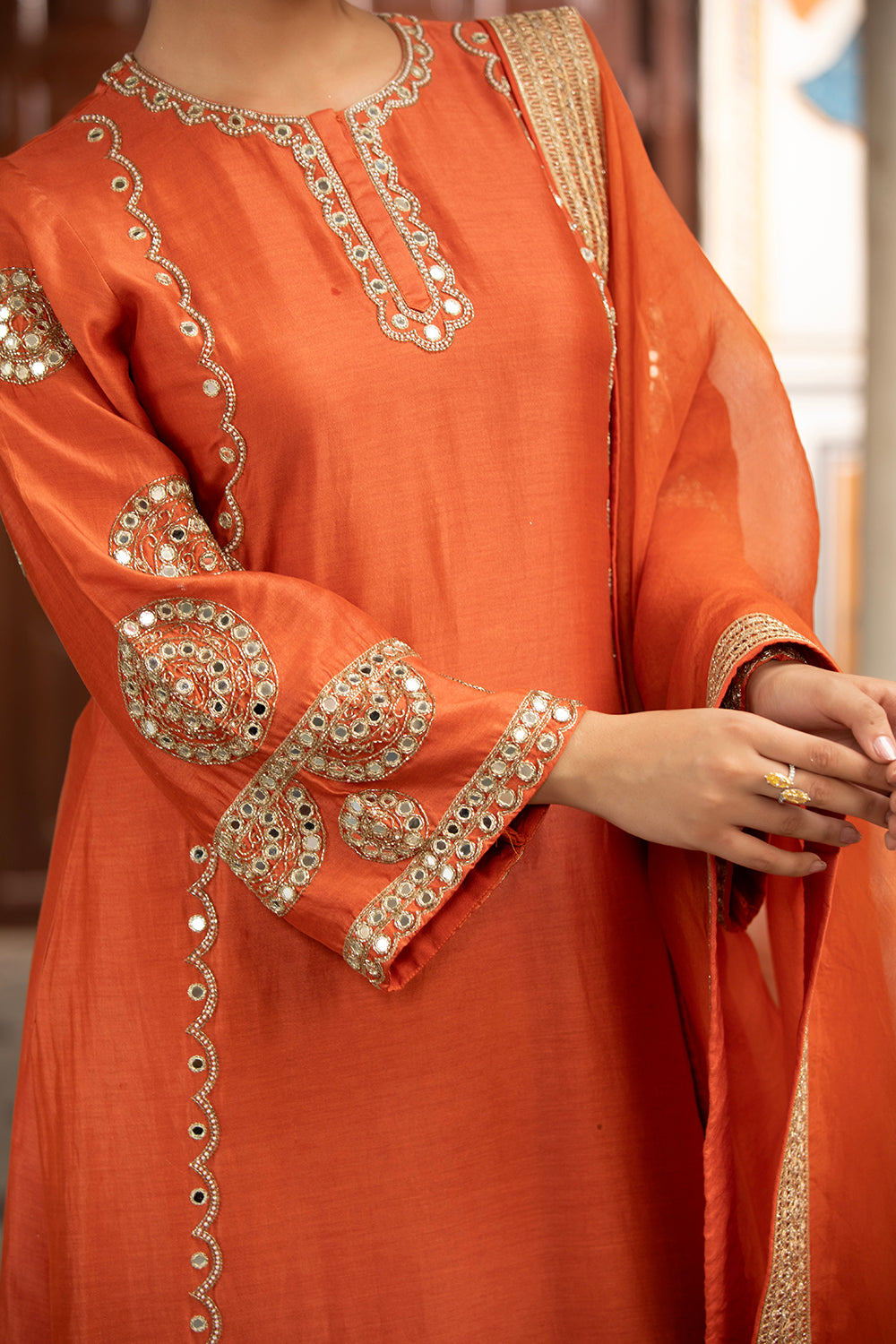 Rust Kurta Set With Churidar And Dupatta