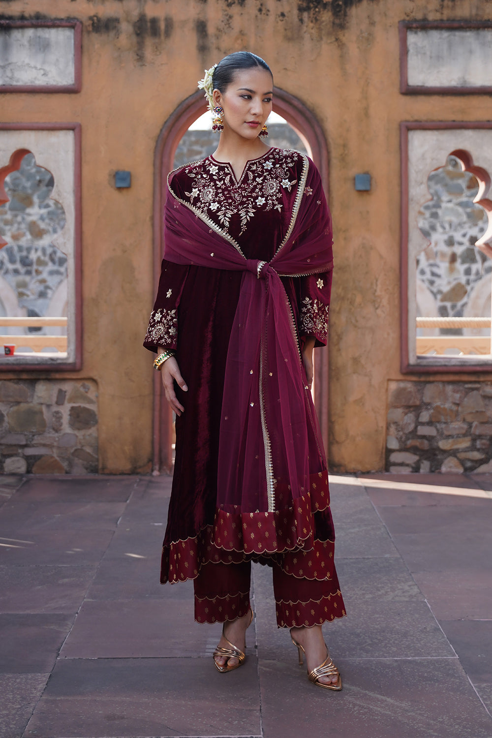 Zarina Velvet Suit Set - Wine