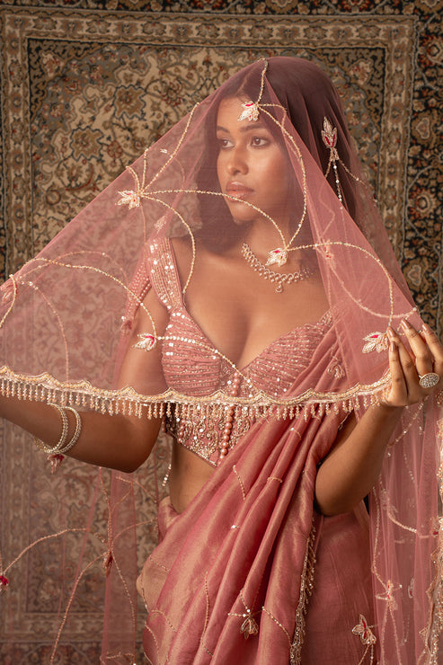 Stripe Embroidered Net Saree With Blouse