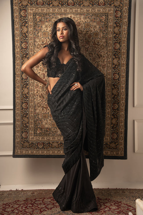 Black Embroidered Saree With Corset Blouse