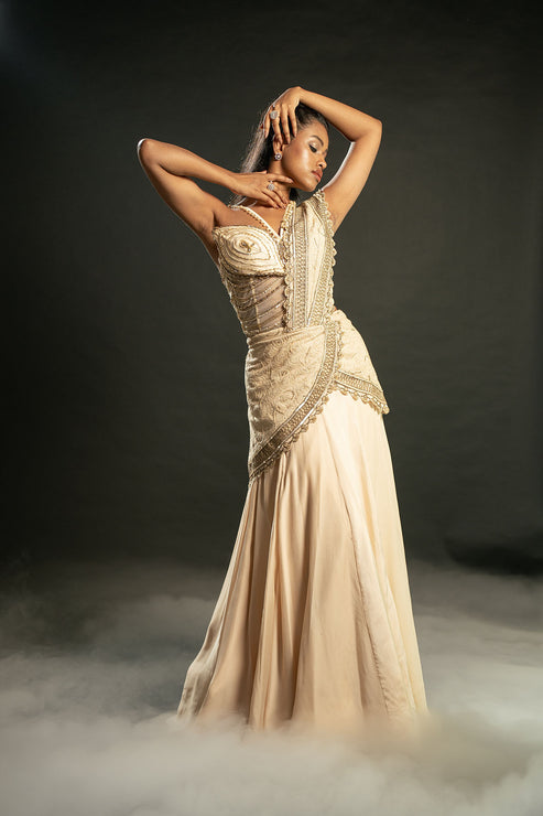 Light Gold Pre-Draped Saree Set