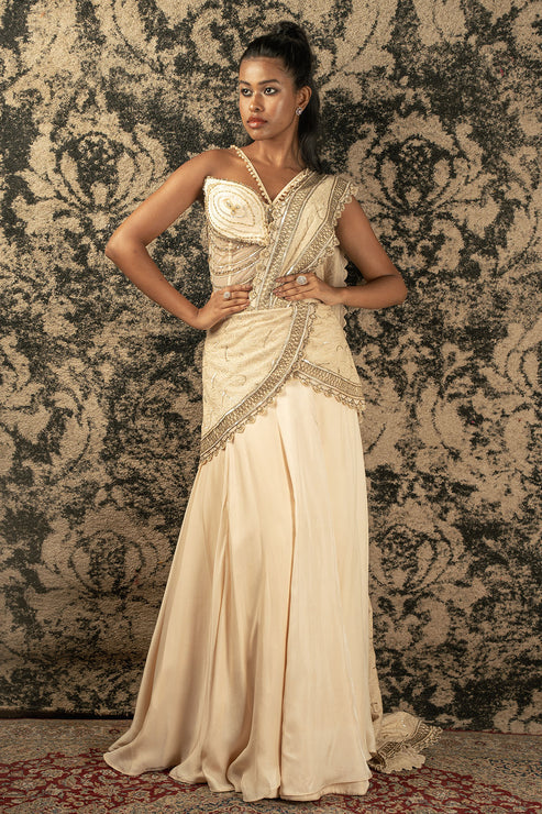 Light Gold Pre-Draped Saree Set