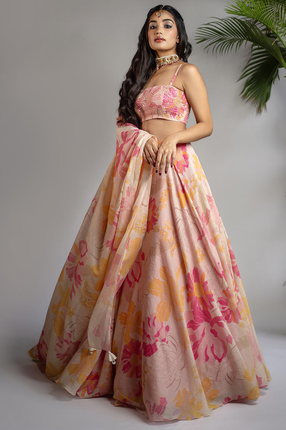 Pink & Yellow Organic Silk Floral Printed Lehenga Set