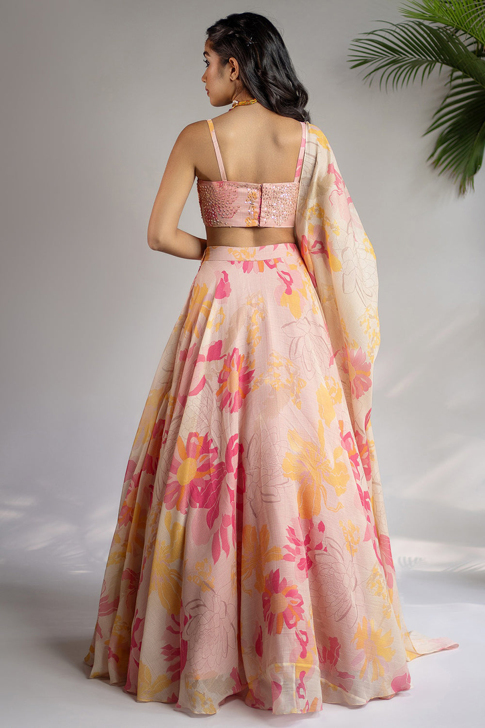 Pink & Yellow Organic Silk Floral Printed Lehenga Set