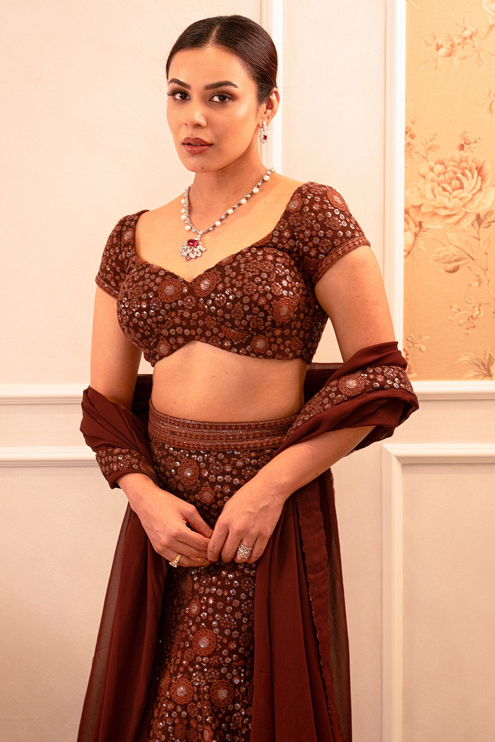 Mocha Brown Chikankari & Georgette Sequins Embroidered Lehenga Set