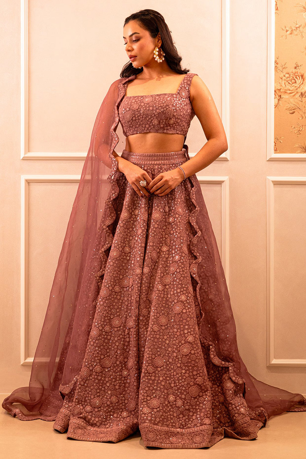 Mauve Pink Chikankari & Georgette Sequins Embroidered Lehenga Set