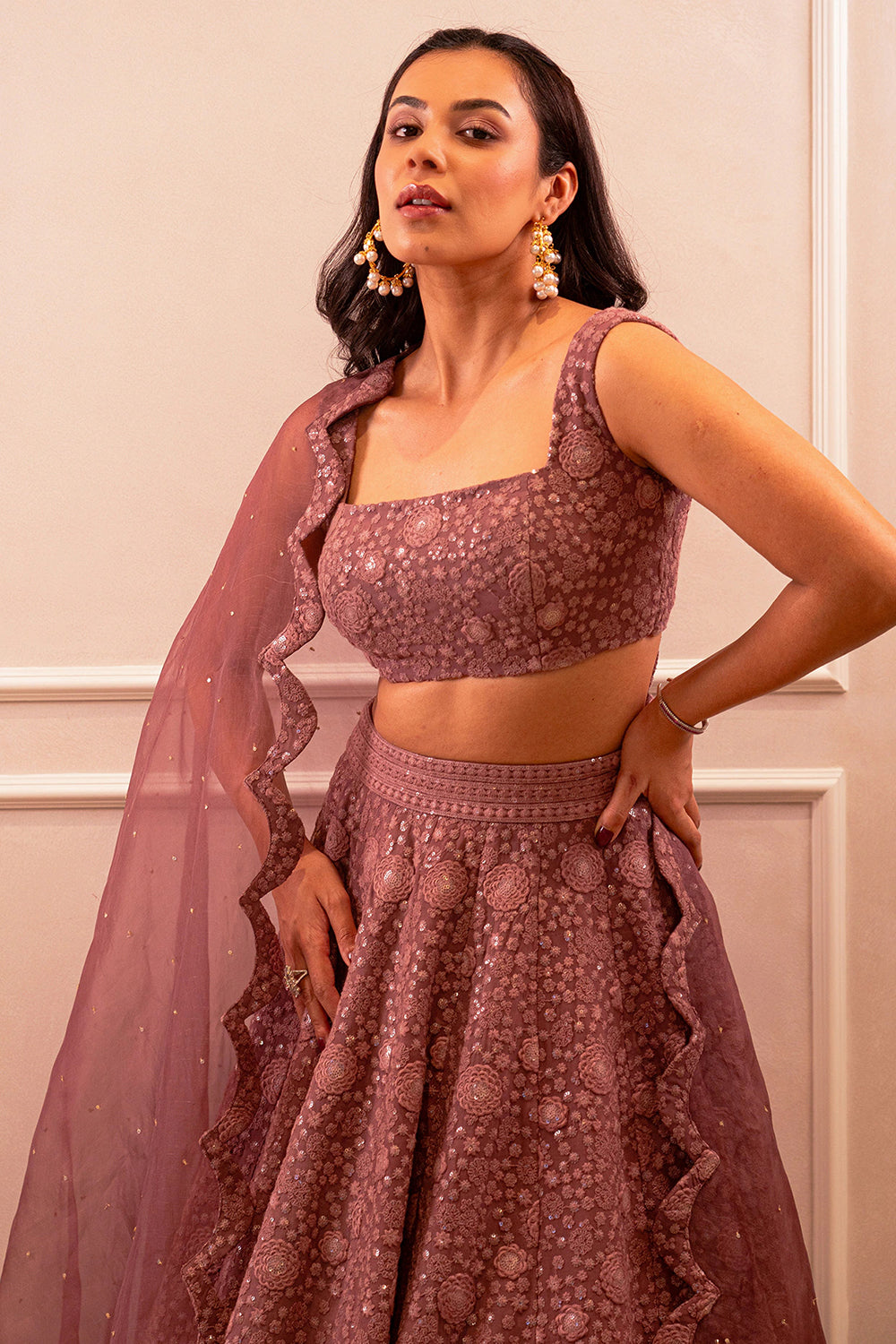 Mauve Pink Chikankari & Georgette Sequins Embroidered Lehenga Set