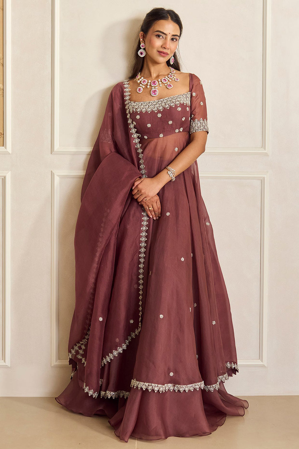 Mauve Pink Organza Embroidered Anarkali Set