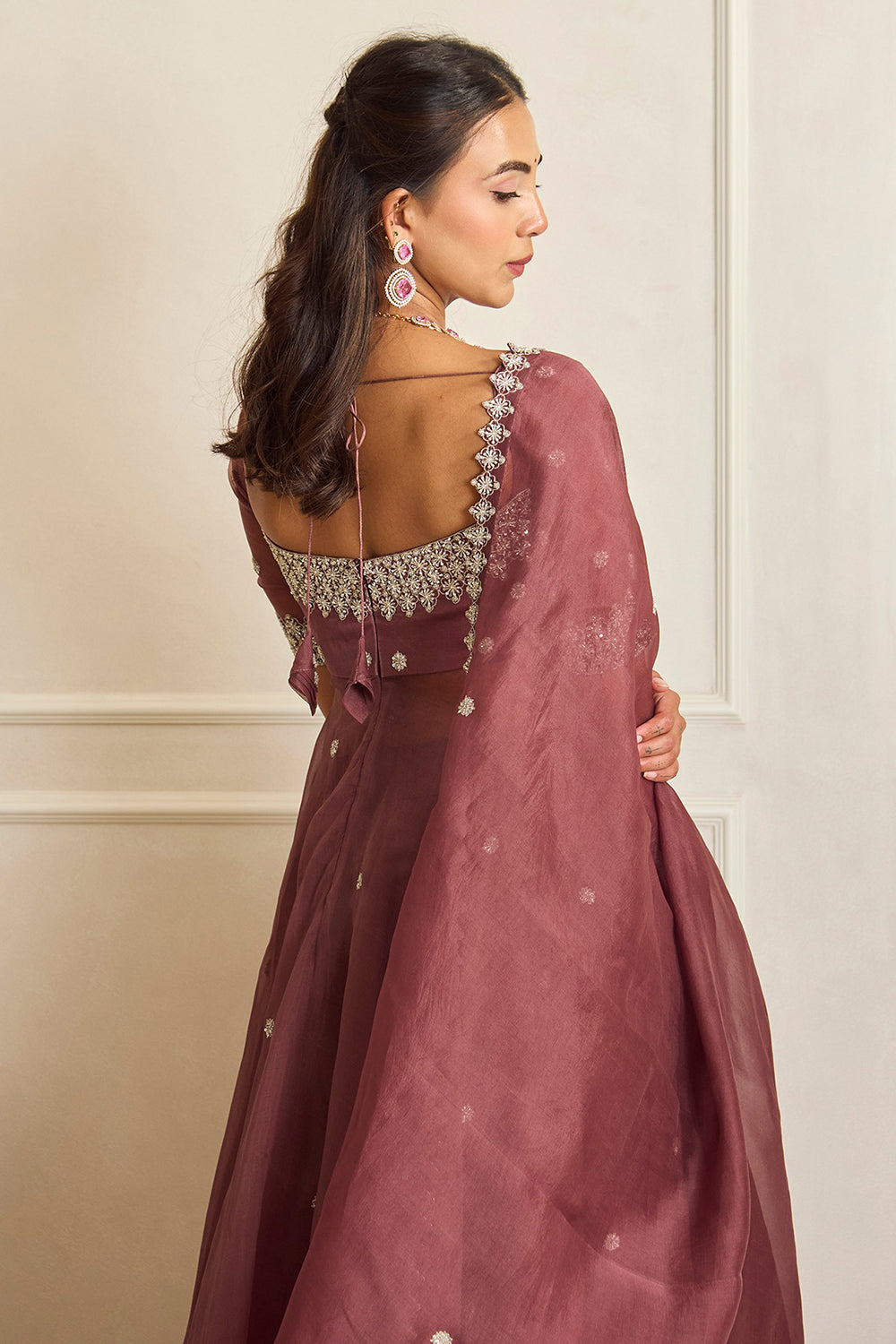 Mauve Pink Organza Embroidered Anarkali Set