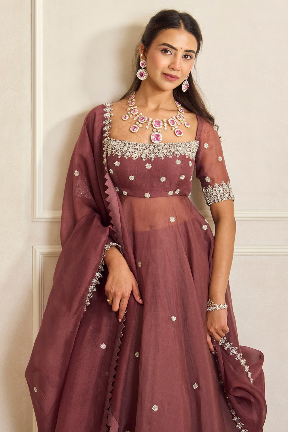 Mauve Pink Organza Embroidered Anarkali Set