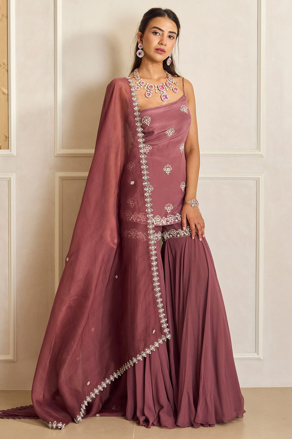 Mauve Pink Organza & Georgette Embroidered Flared Sharara Set