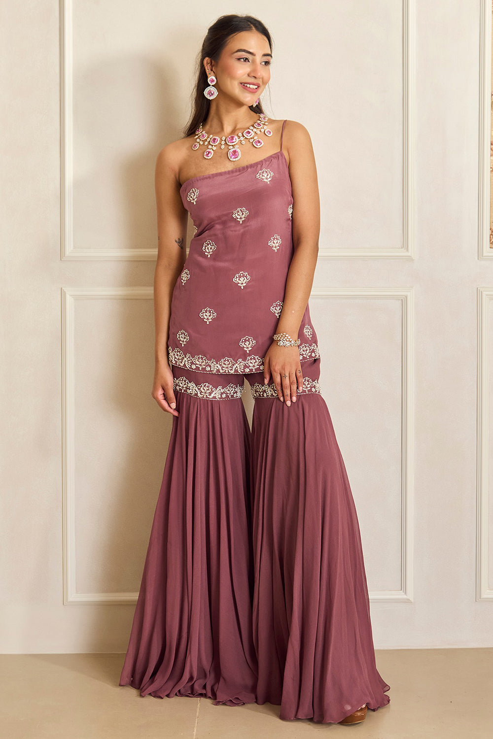Mauve Pink Organza & Georgette Embroidered Flared Sharara Set
