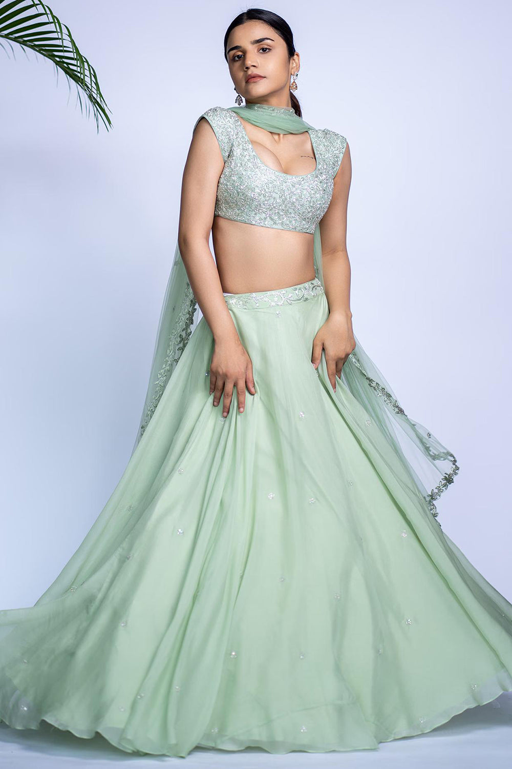 Pastel Green Tulle Flared Lehenga Set