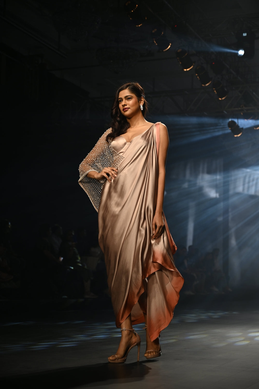 Ombre Draped Saree Dress with a Bralette and Pearl Detailing on Mesh Throw