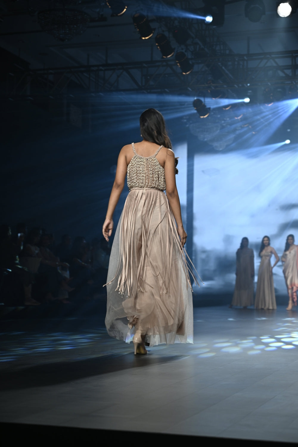 Taupe Jumpsuit Embellished with Pearl Strings and Tasseled Cords