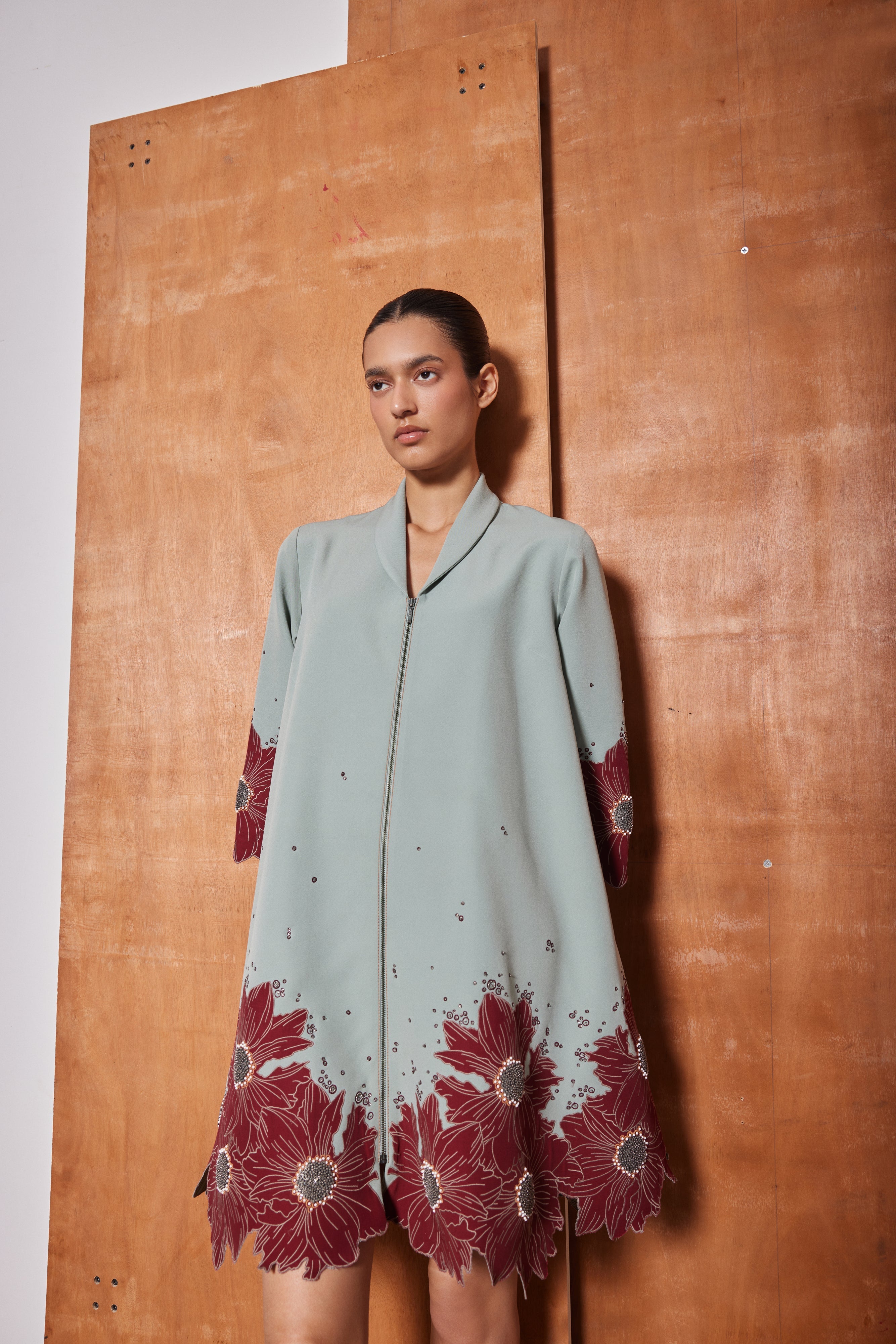 FLORAL BORDER SHAWL COLLAR FLARED DRESS