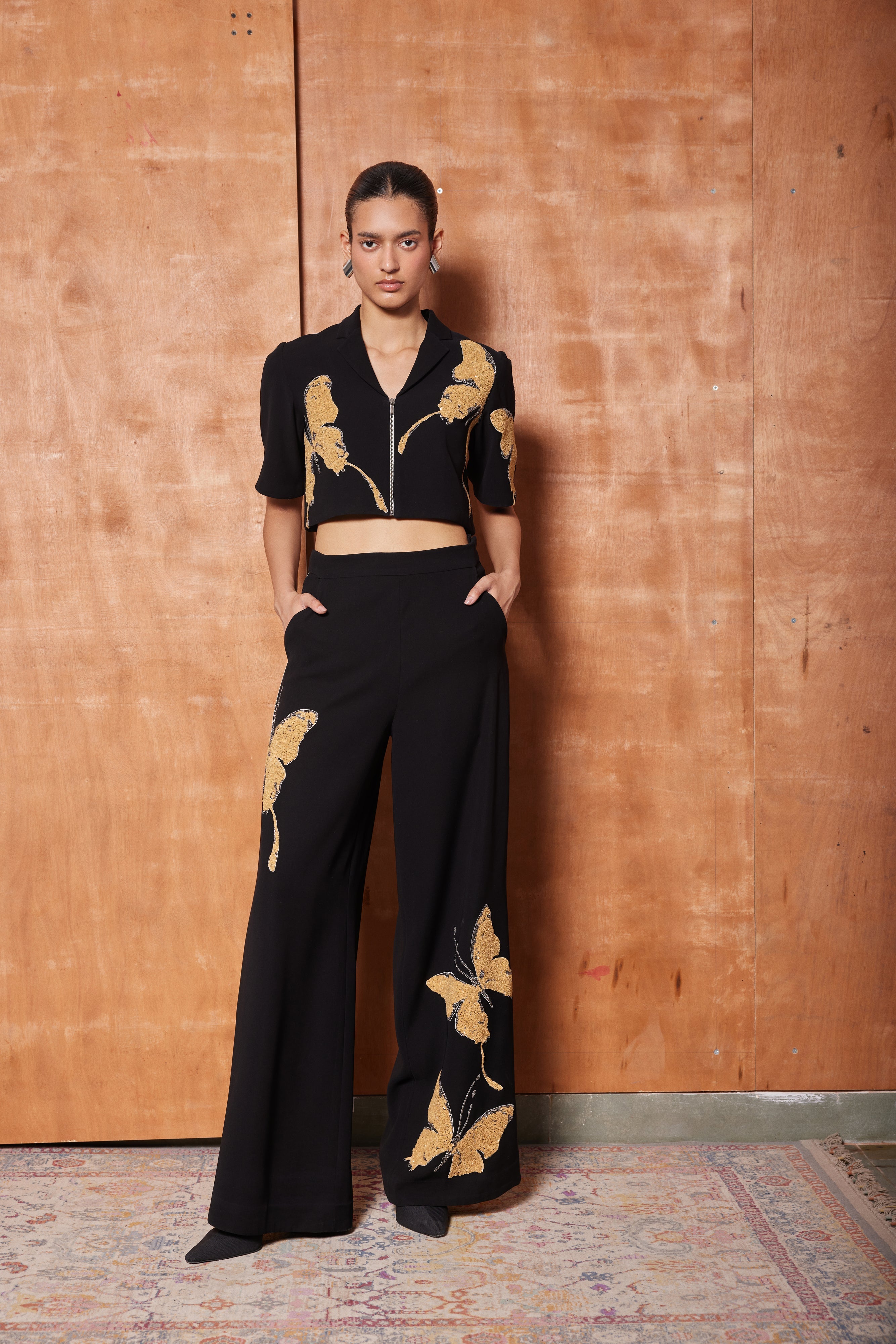 FLARED PANTS OF ( FADING BUTTERFLY CROPPED SHIRT )