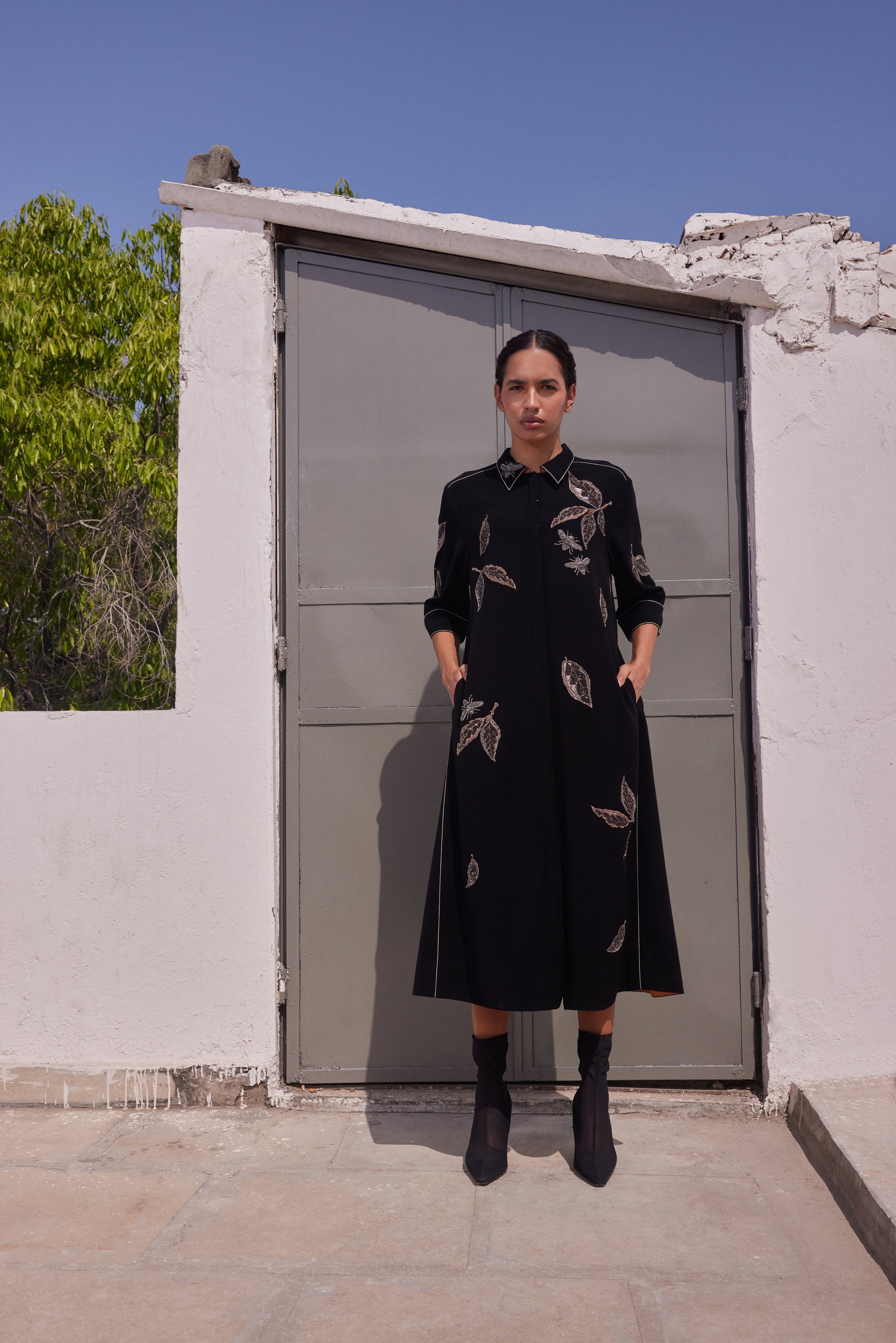 DRIFTING LEAVES FRONT OPEN FLARED DRESS