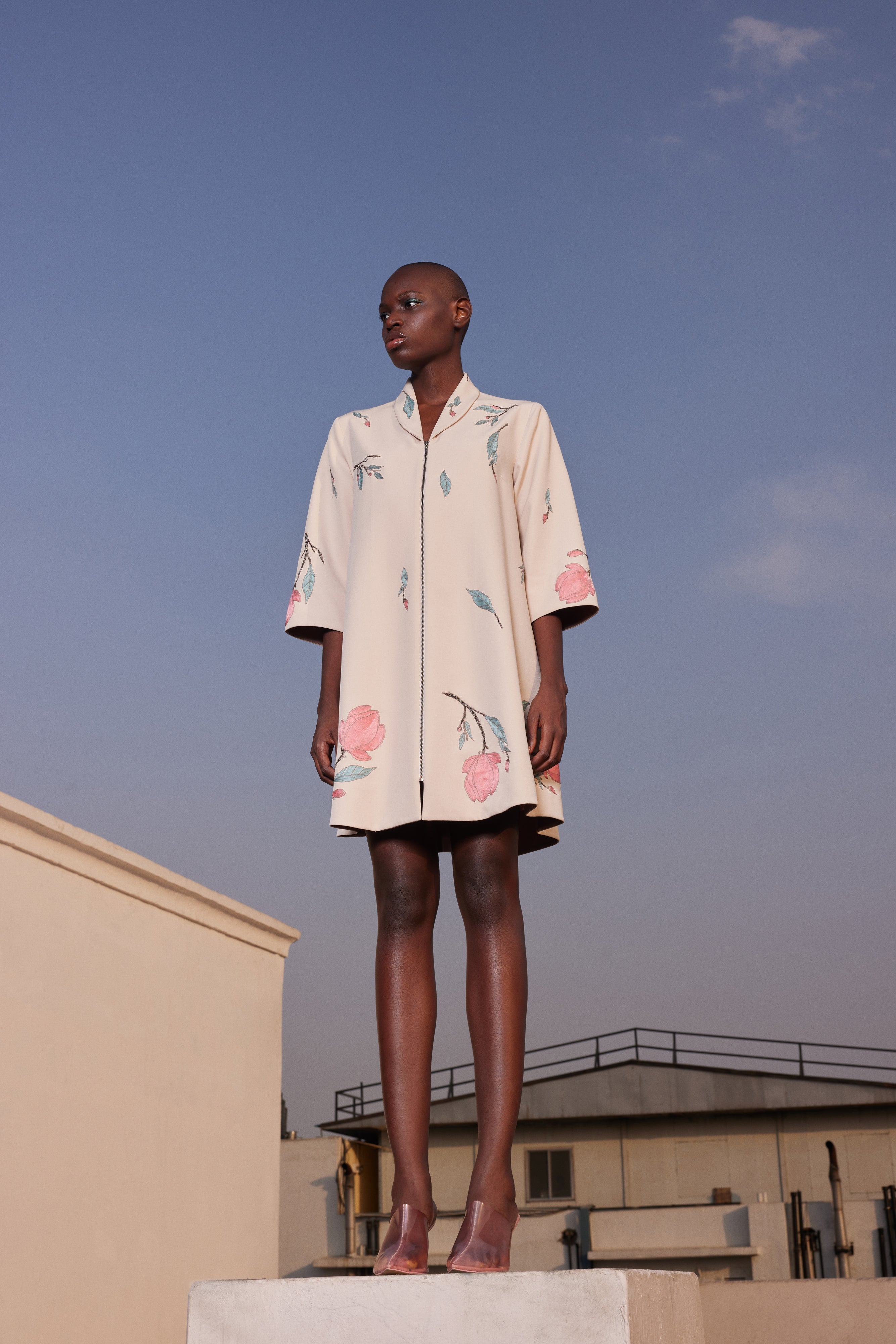 MAGNOLIA BLOSSOM SHAWL COLLAR FLARED DRESS