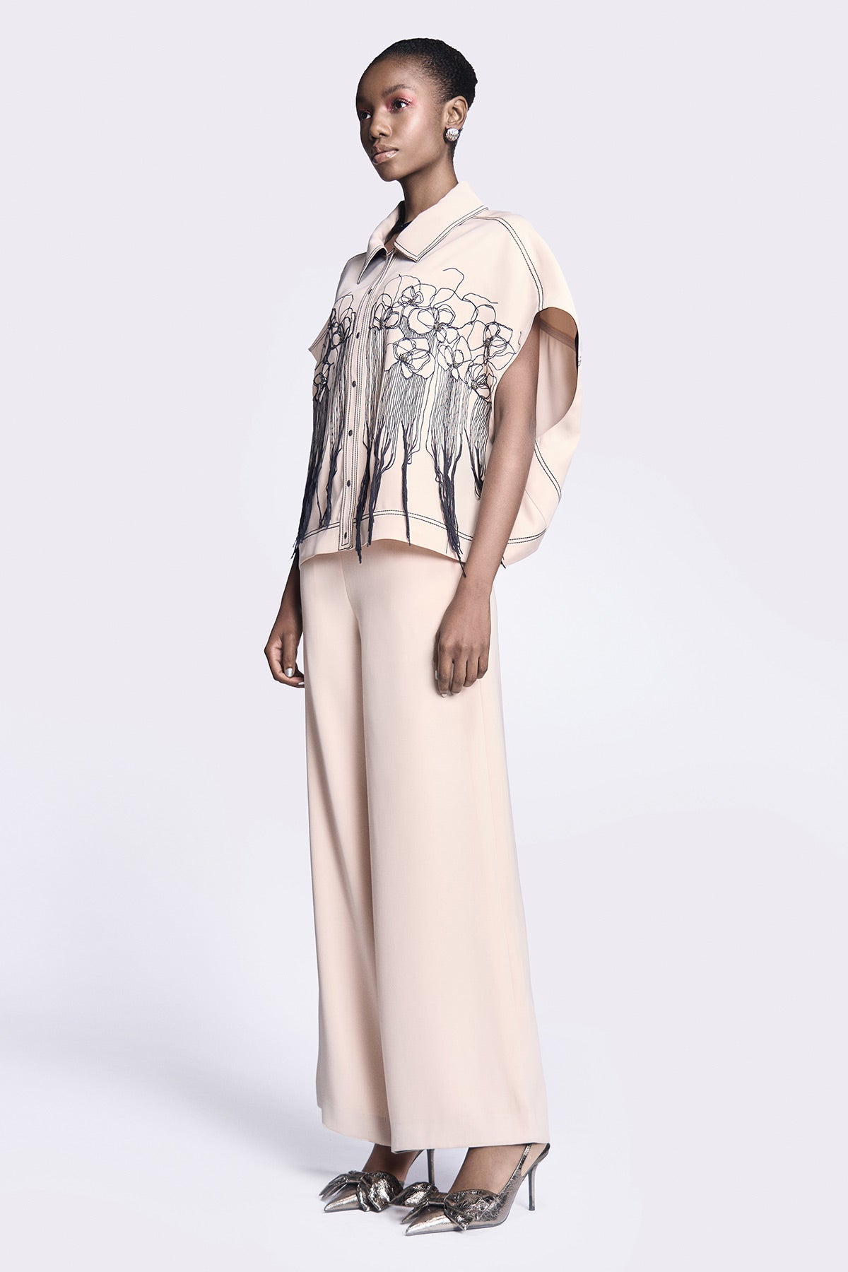 Abstract Roses Oversized Shirt Jacket With Flared Pants