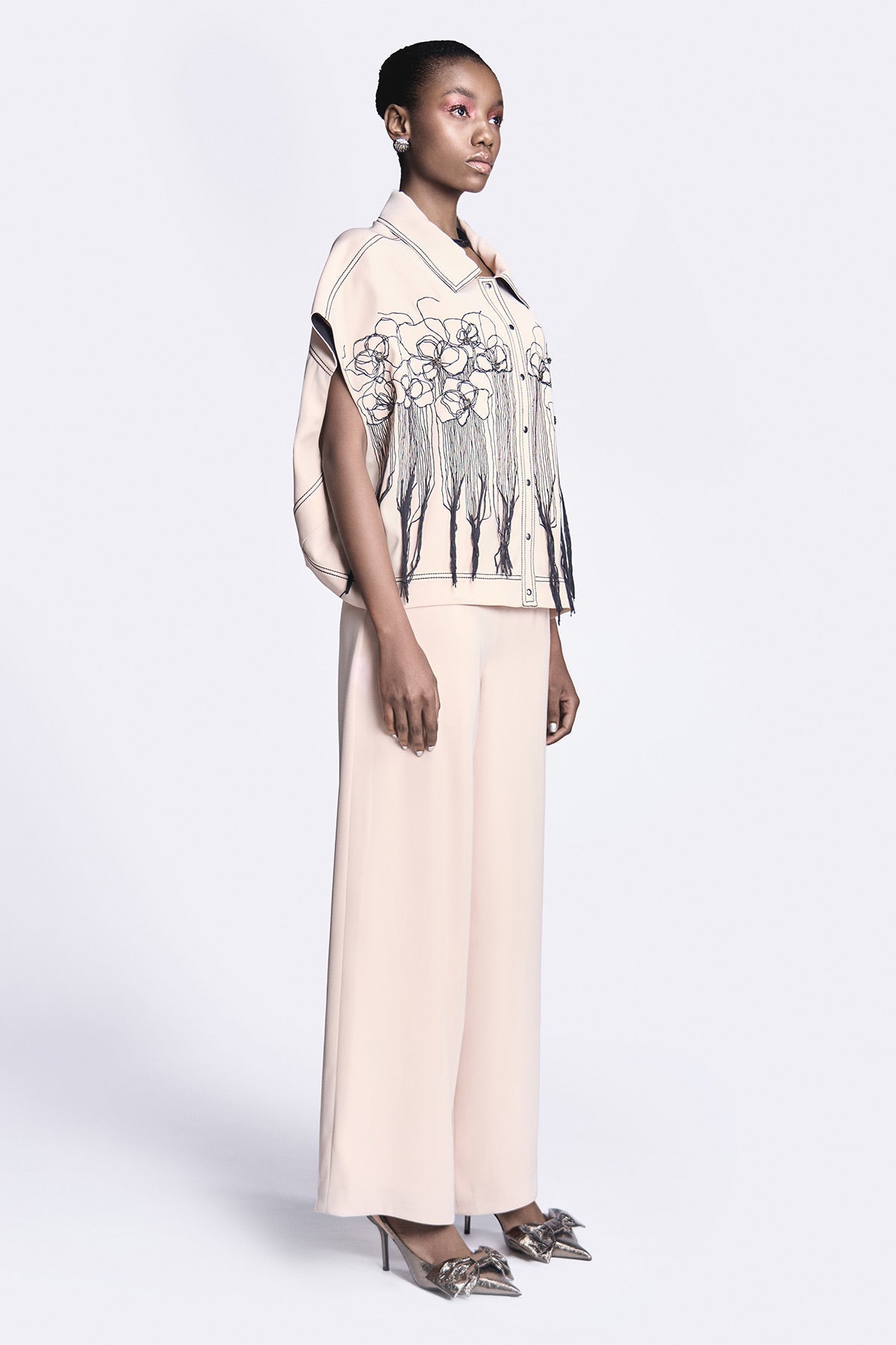 Abstract Roses Oversized Shirt Jacket With Flared Pants