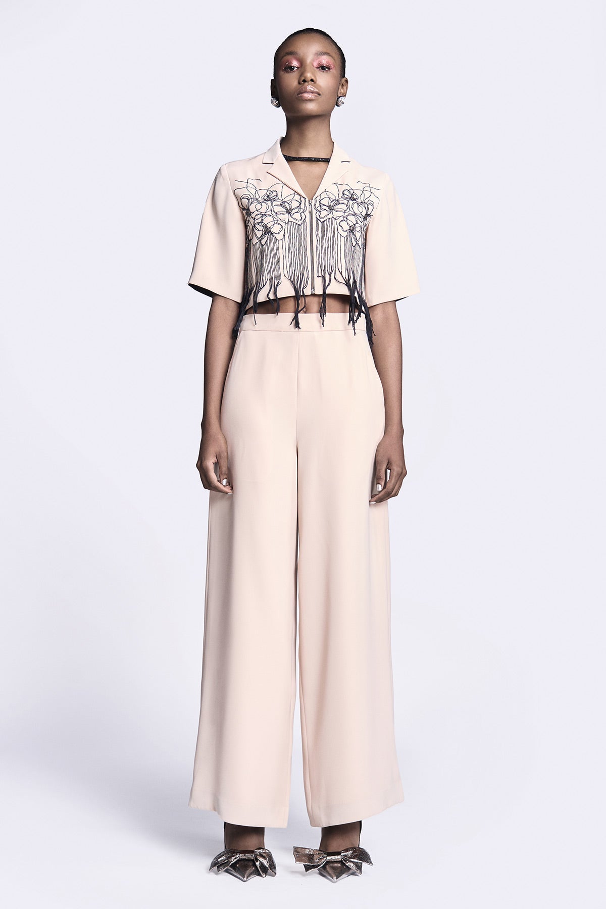 Abstract Roses Cropped Shirt With Flared Pants