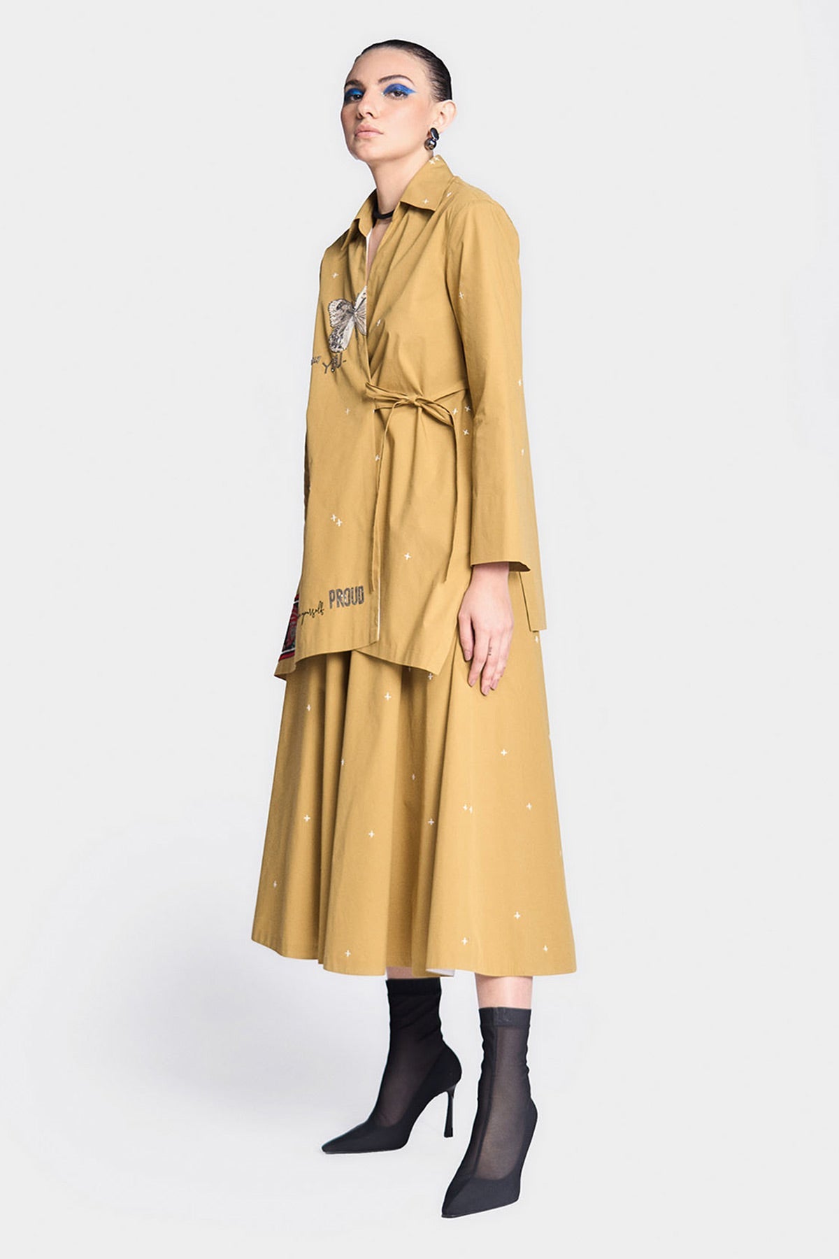 Butterfly Stamp Cross Shirt With Circular Skirt