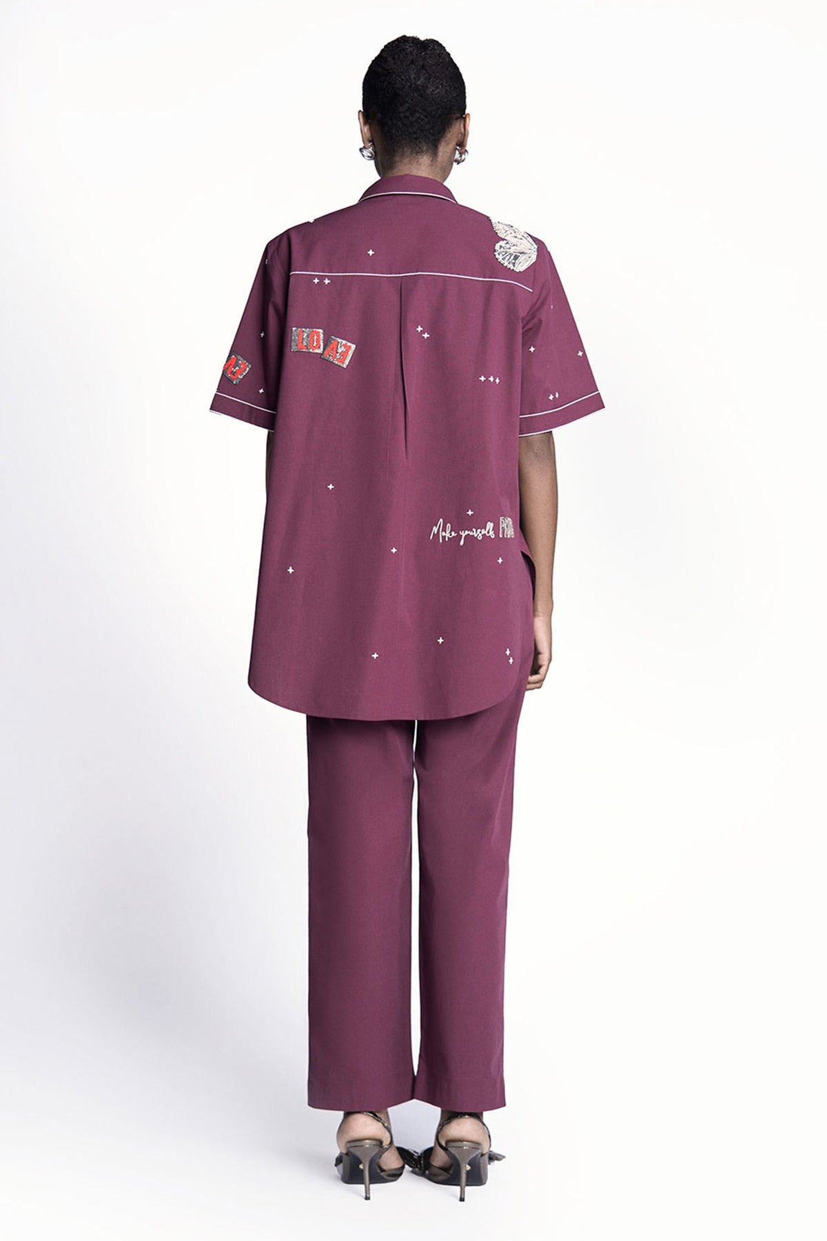 Butterfly Stamp High Low Shirt With Straight Pants