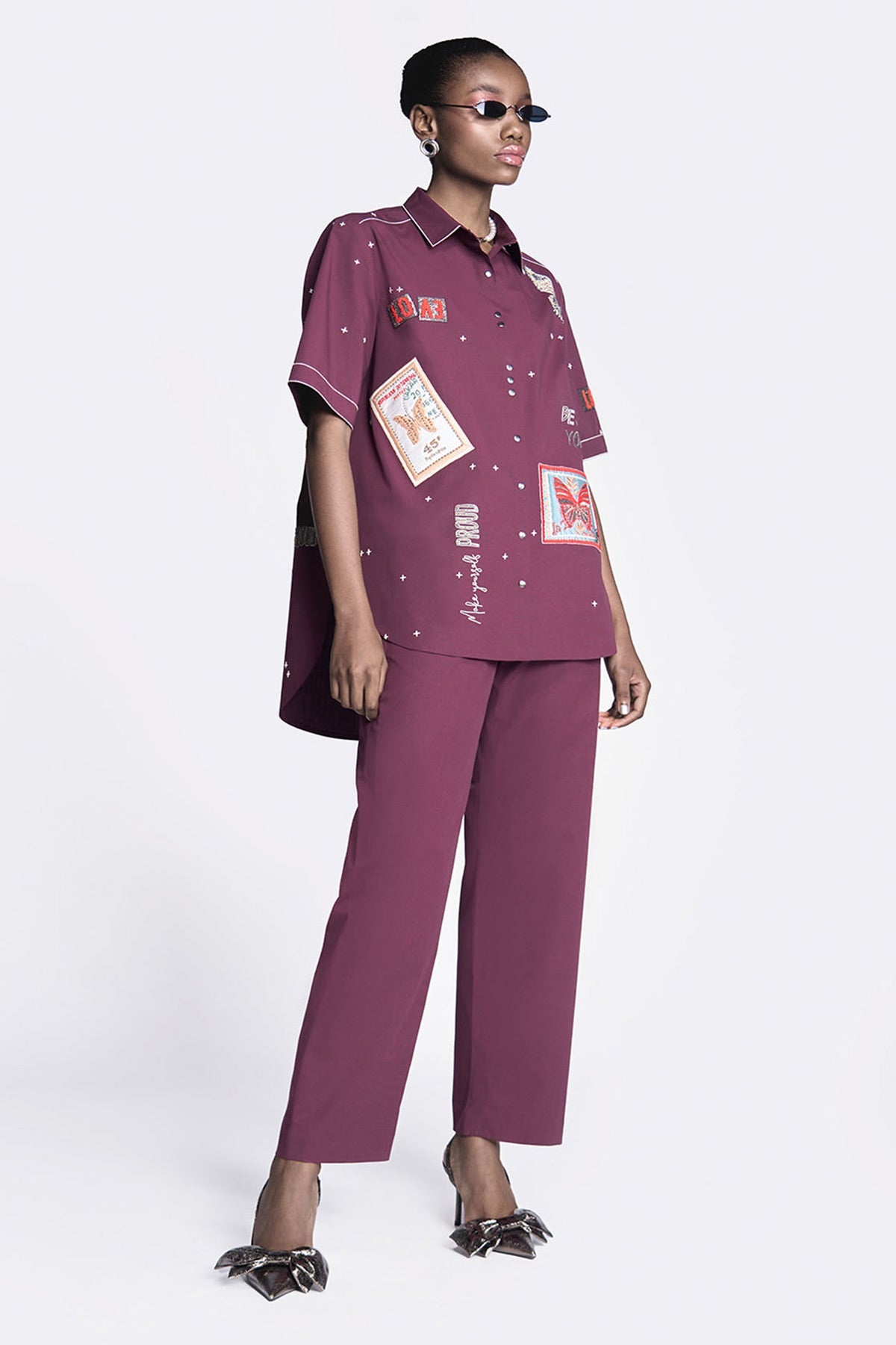 Butterfly Stamp High Low Shirt With Straight Pants