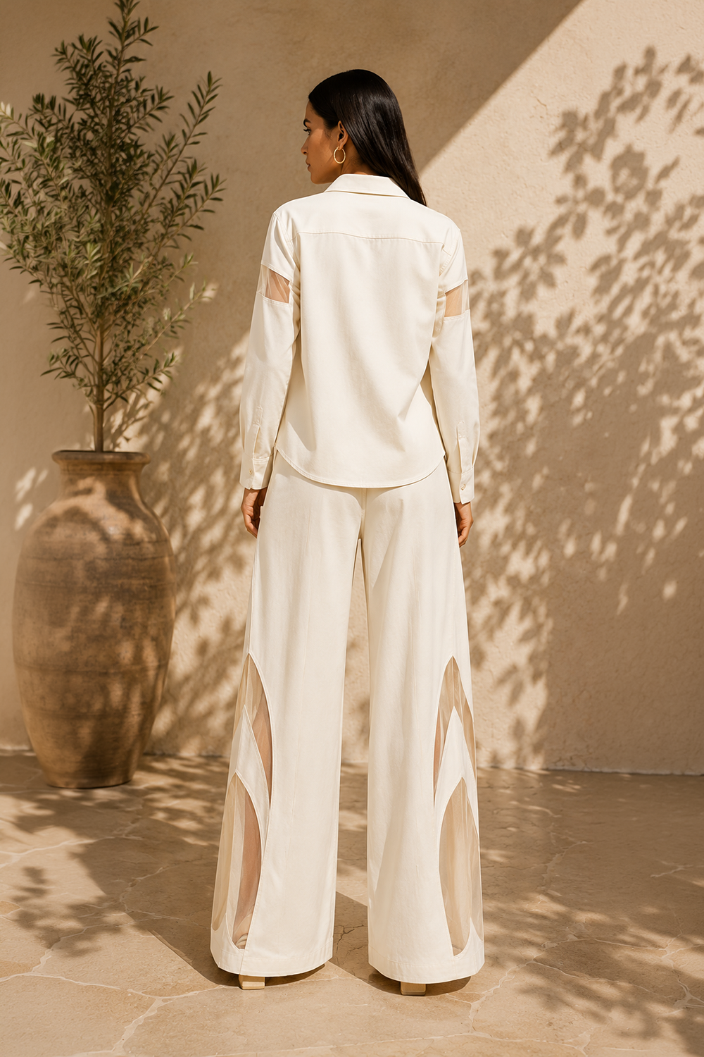 Ivory Cotton Blend Shirt & Wide-Leg Pants Co-Ord Set