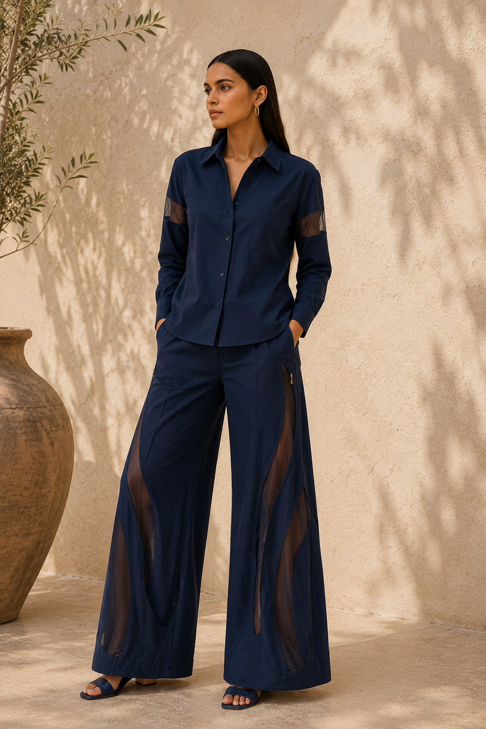 Premium Navy Blue Cotton Blend Designer Shirt & Wide-Leg Trouser Set