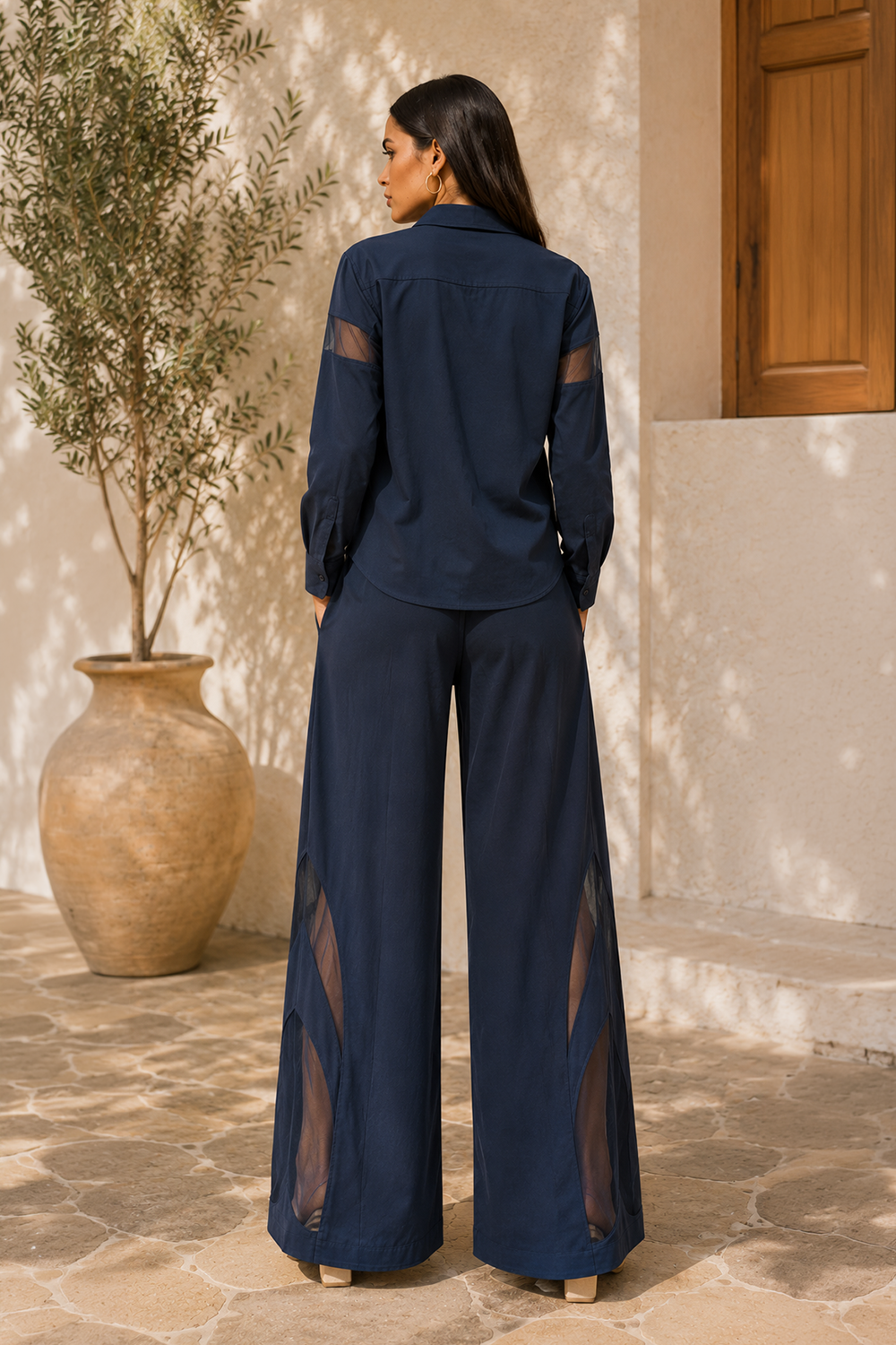 Premium Navy Blue Cotton Blend Designer Shirt & Wide-Leg Trouser Set