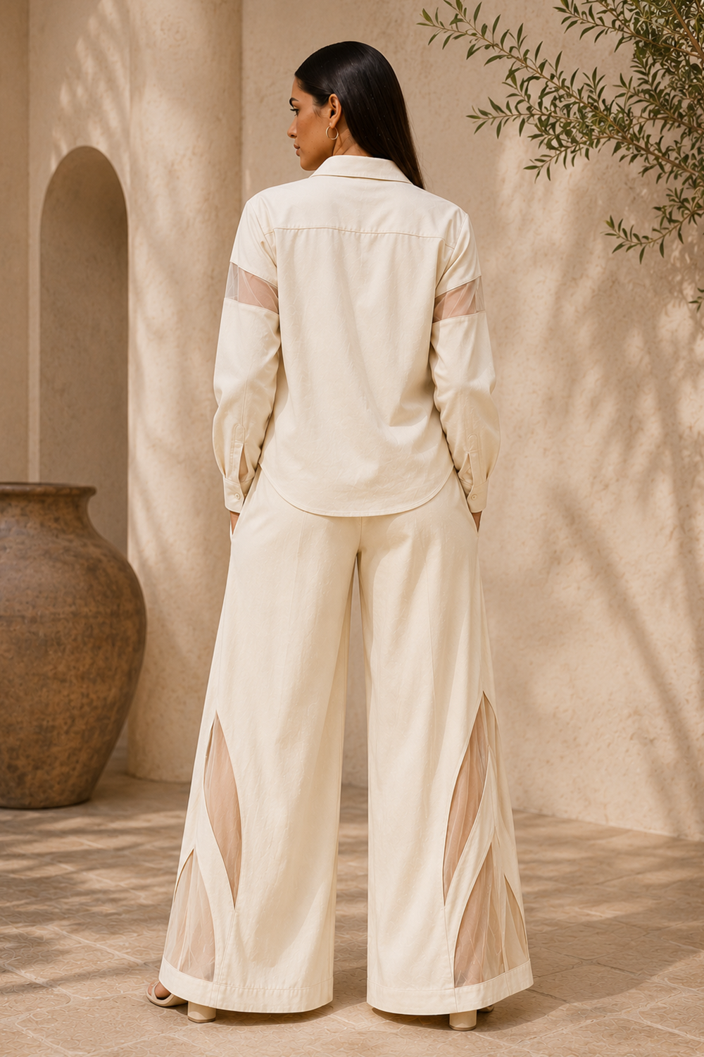 Ivory Cotton Blend Shirt & Wide-Leg Pants Co-Ord Set
