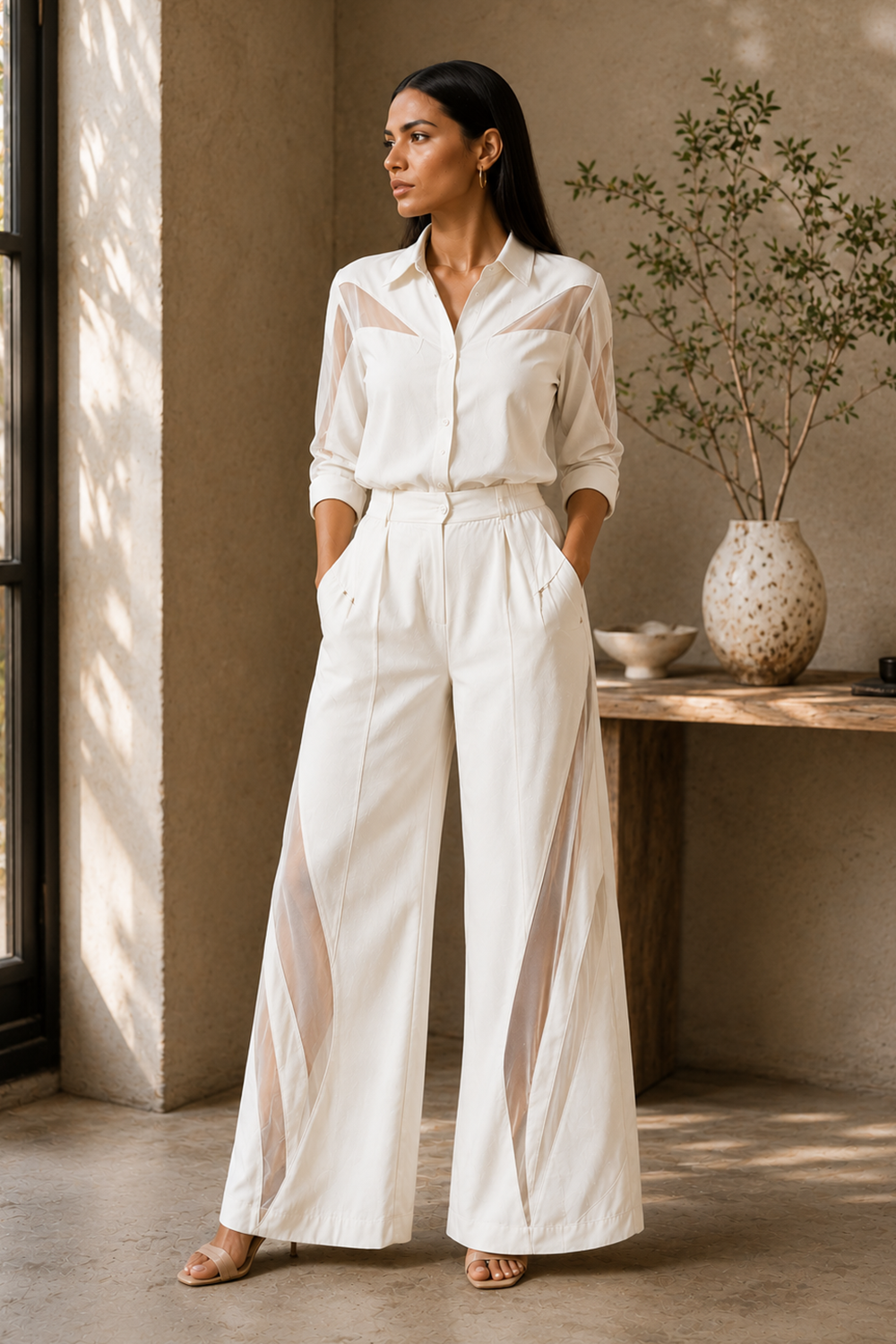 Ivory Cotton Blend Sheer Detail Shirt & Wide-Leg Pants Co-Ord Set for Women
