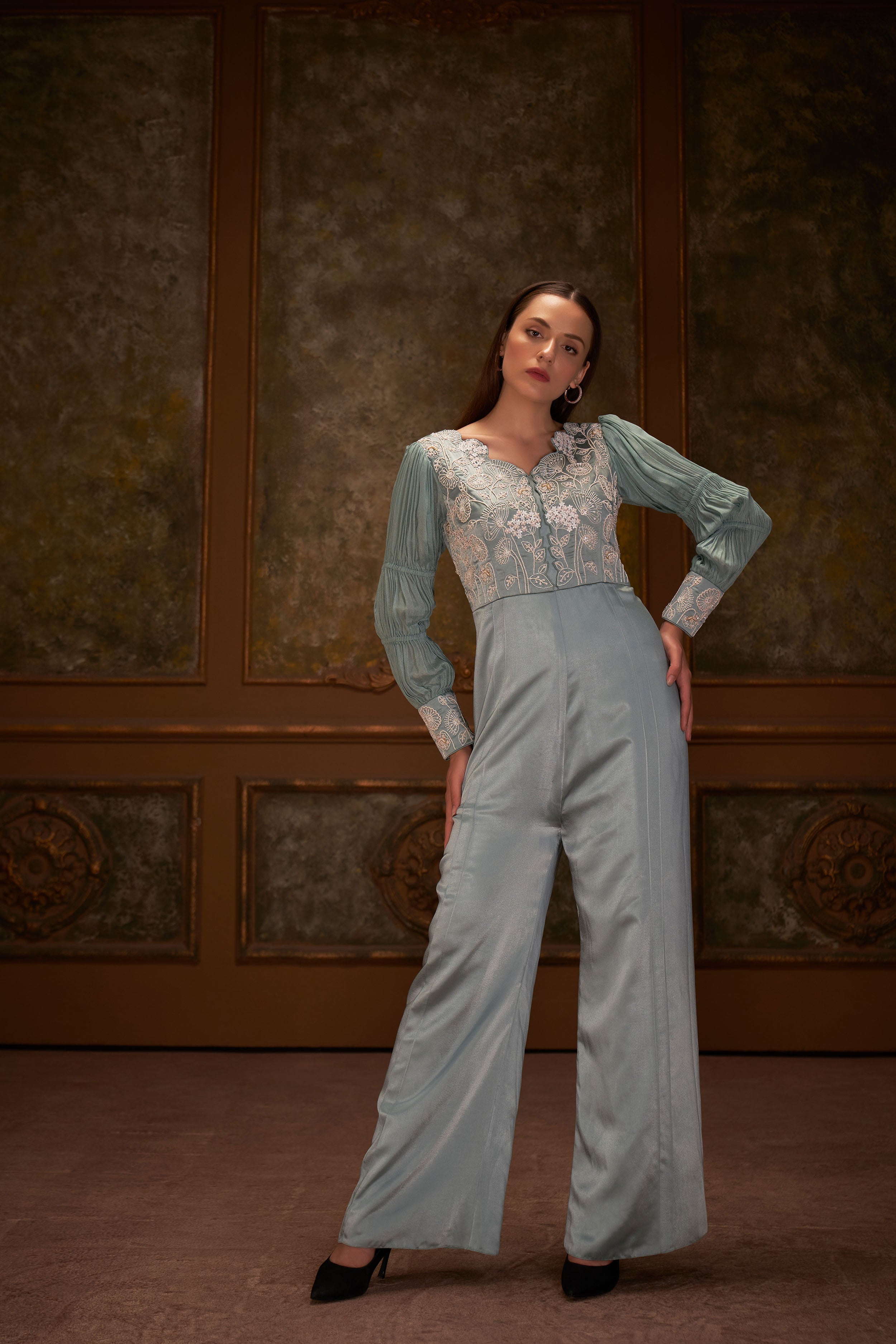 Sea Green Embroidered Jumpsuit