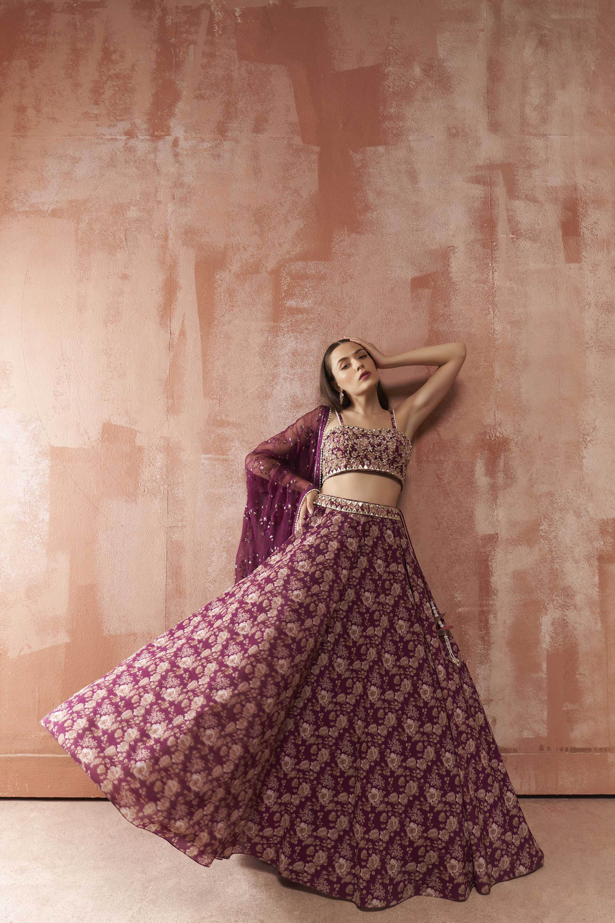 Wine Floral Printed Lehenga Set